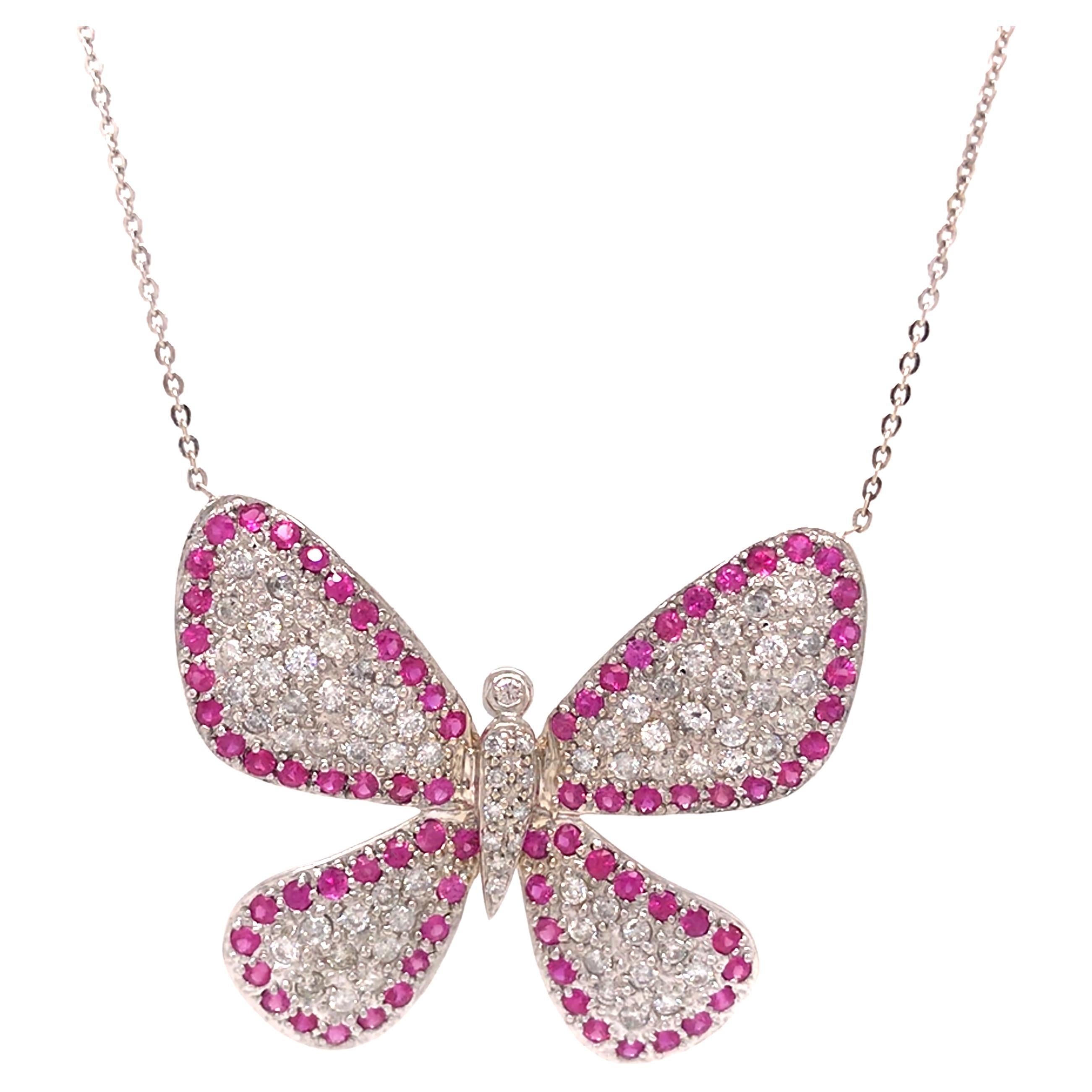 18K Ruby and Diamond Butterfly Pendant Necklace White Gold For Sale
