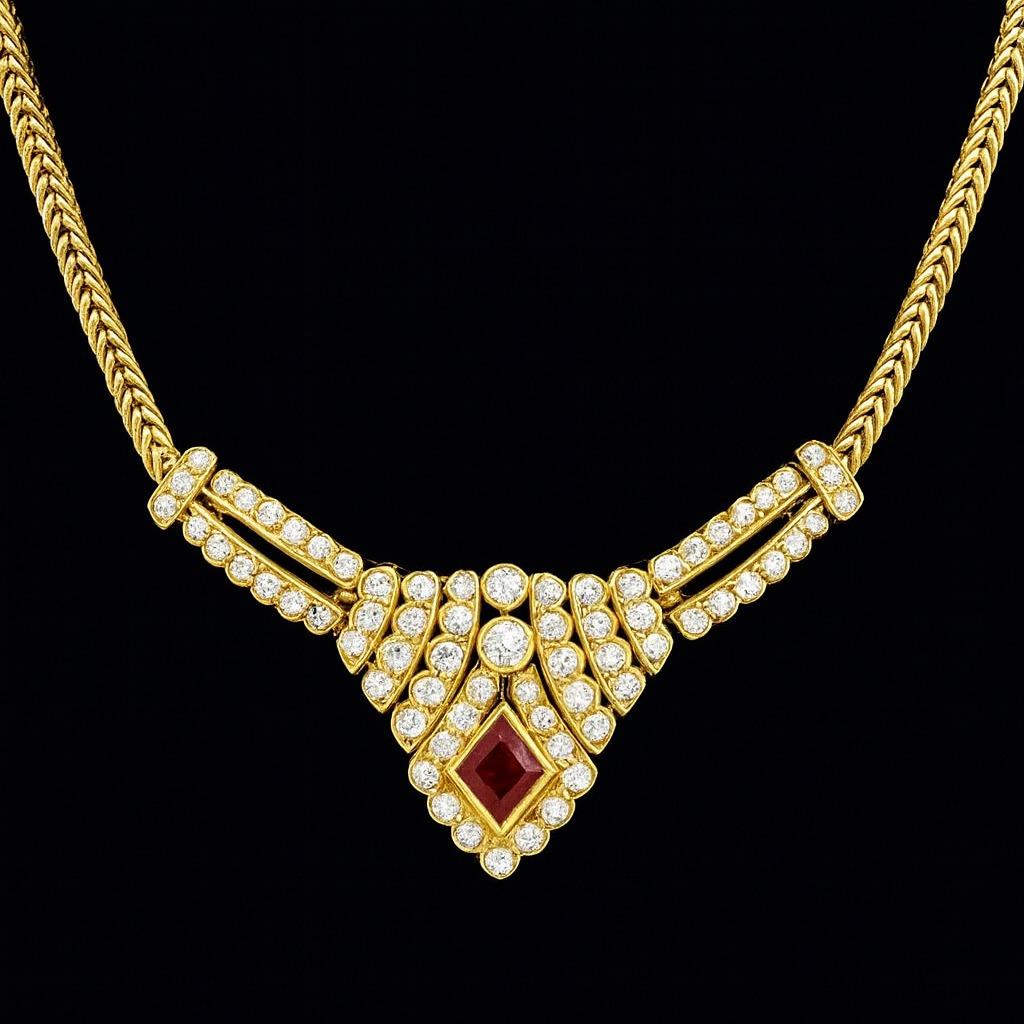 Collana con ciondolo in rubino e diamanti 18K 

Questa straordinaria collana con ciondolo in oro 18K mette in mostra un rubino naturale dai colori intensi del peso di circa 2,5 carati (8,1 x 6,6 x 4,3 mm). Il rubino è accentuato da una serie di