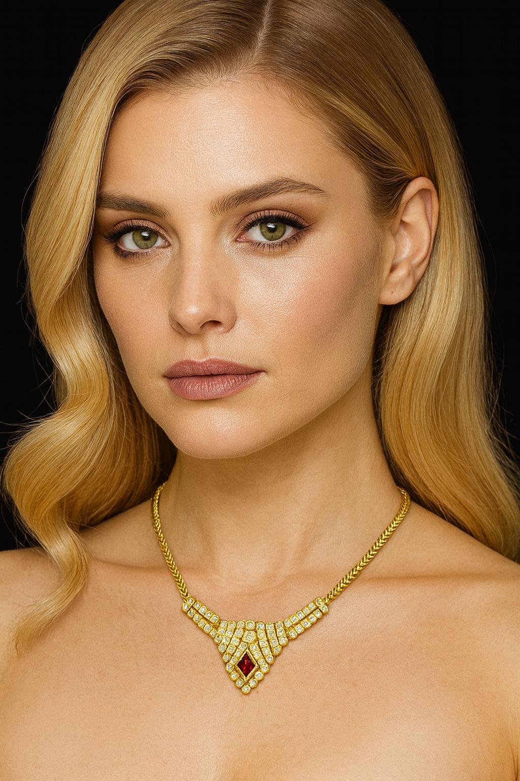 Donna Collana con ciondolo in rubino e diamanti 18K in vendita