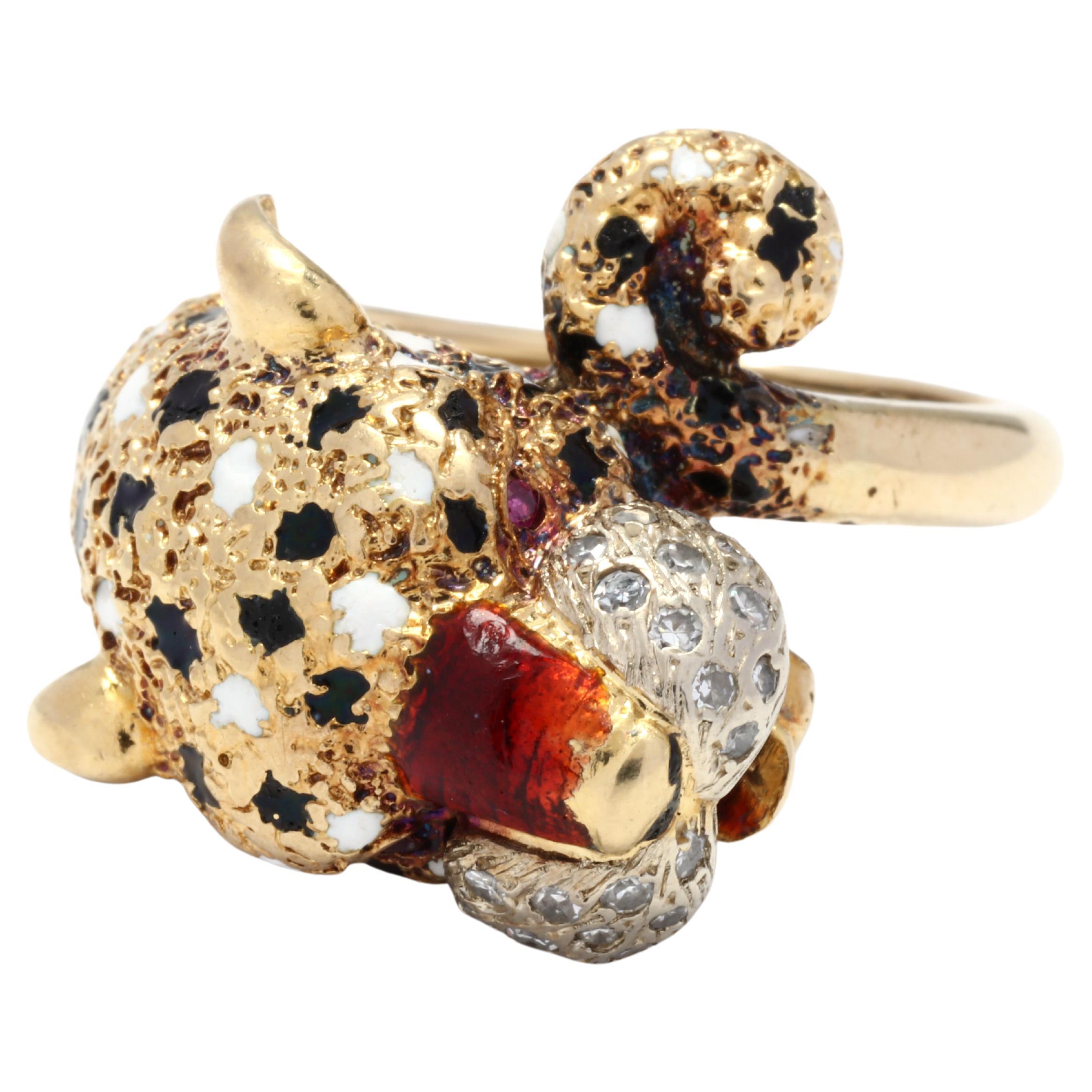 Bague guépard en rubis, diamants et émail 18K Bon état - En vente à McLeansville, NC