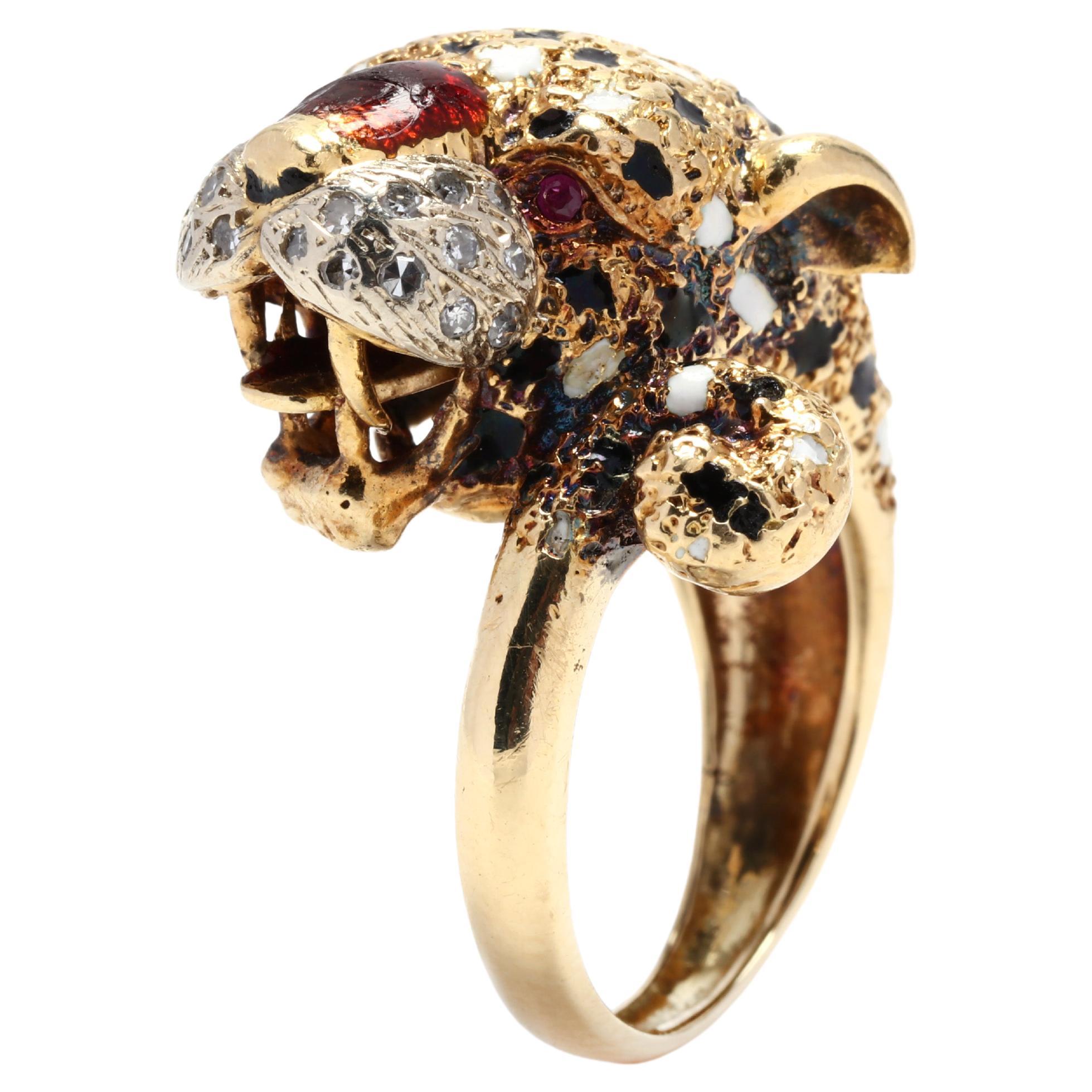 18 Karat Cheetah-Ring mit Rubin, Diamant und Emaille