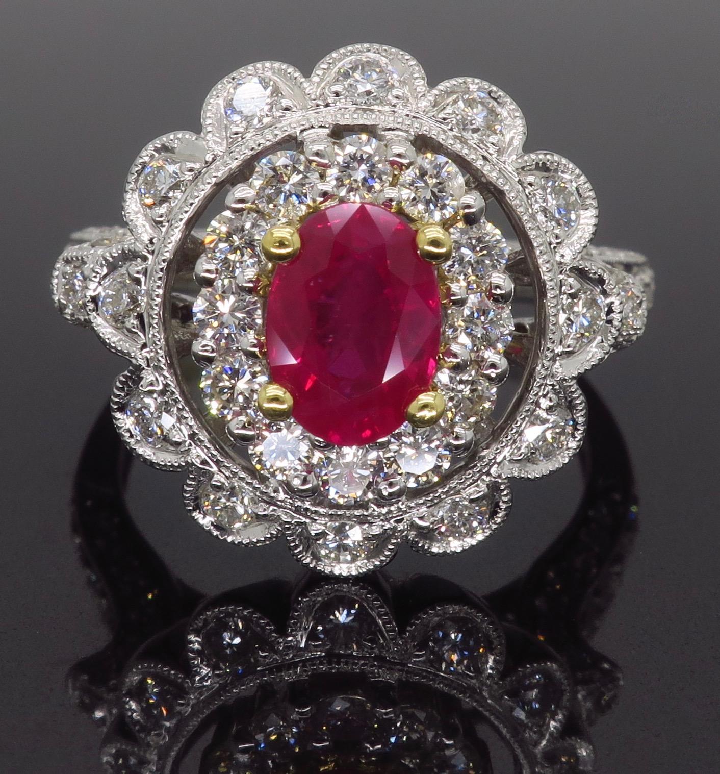 18 Karat Ruby and Diamond Double Halo Cocktail Ring In Excellent Condition In Webster, NY