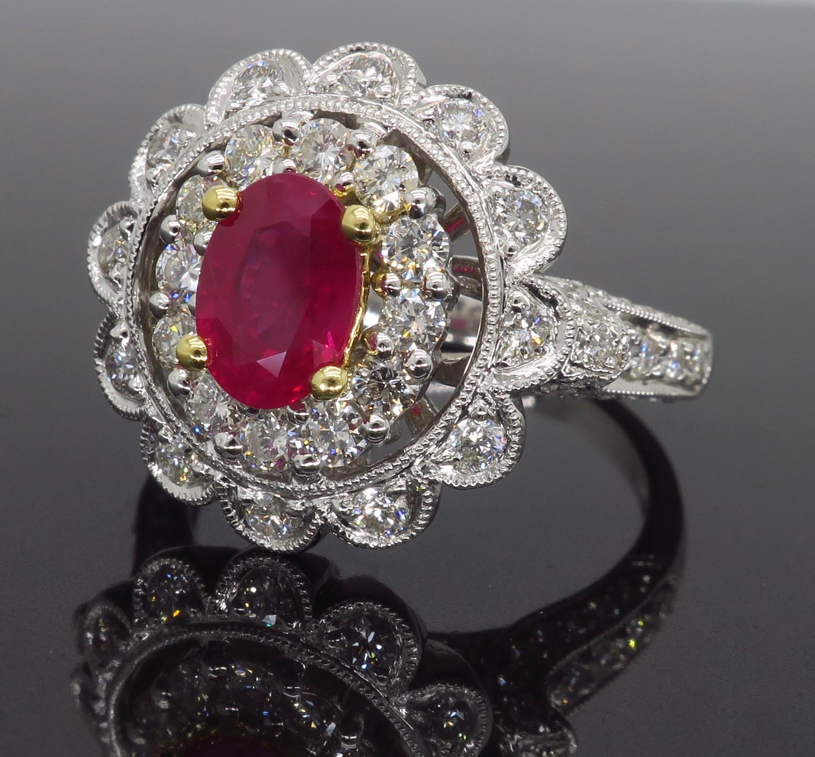 Women's or Men's 18 Karat Ruby and Diamond Double Halo Cocktail Ring