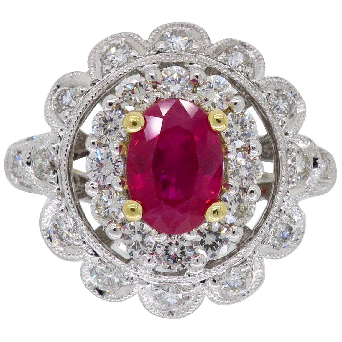 18 Karat Ruby and Diamond Double Halo Cocktail Ring