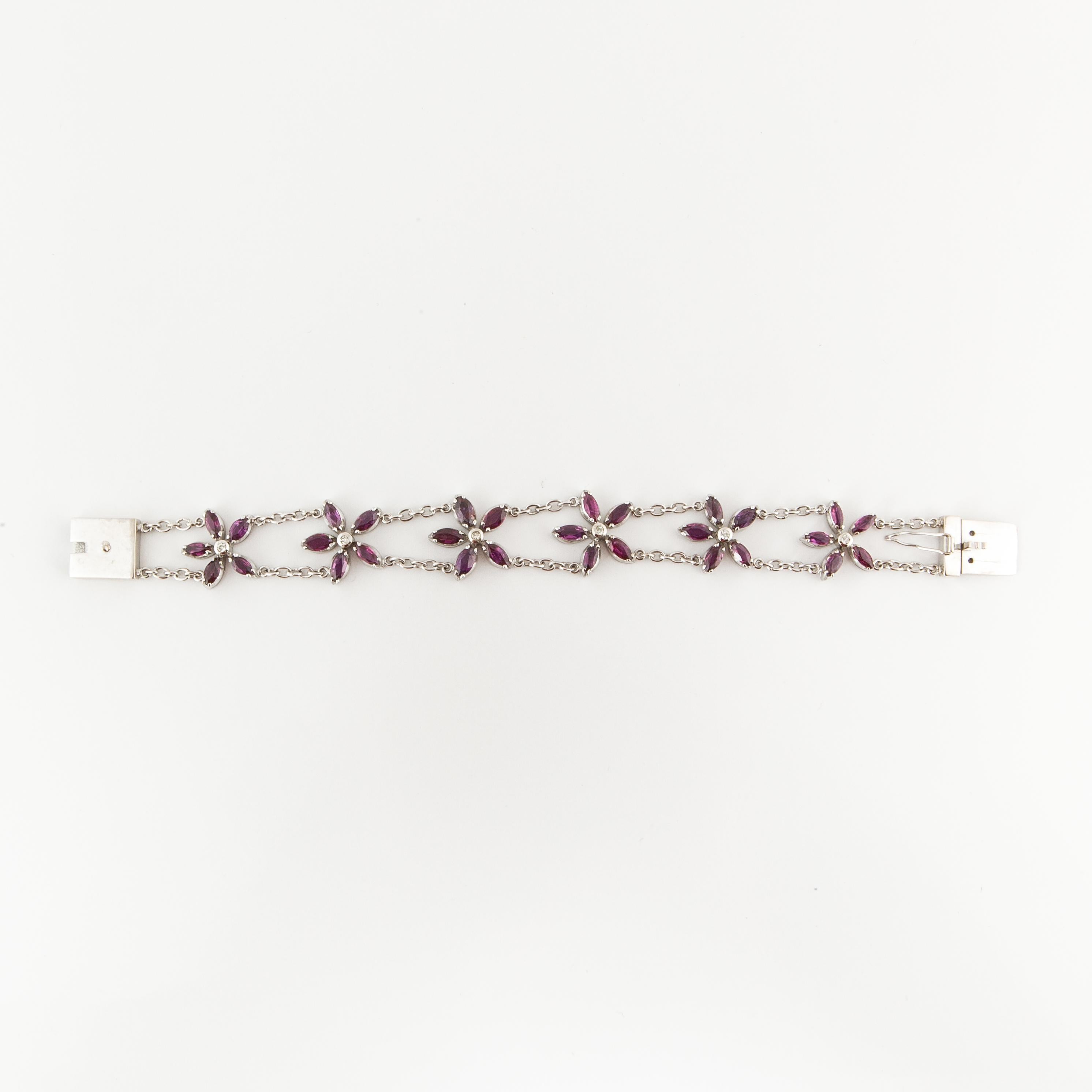 Contemporary Ruby and Diamond Flower Bracelet in White Gold