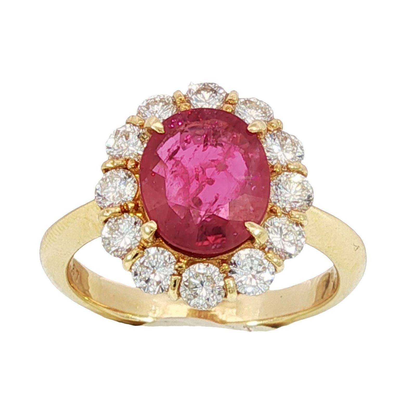 18K Bague Halo Rubis Diamant Or Jaune Taille 6 ~2.59ctw en vente 5