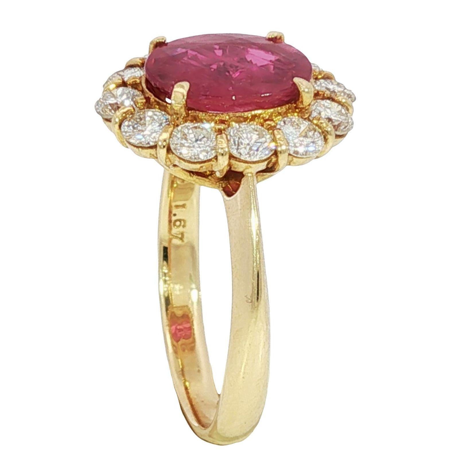 18K Bague Halo Rubis Diamant Or Jaune Taille 6 ~2.59ctw en vente 6