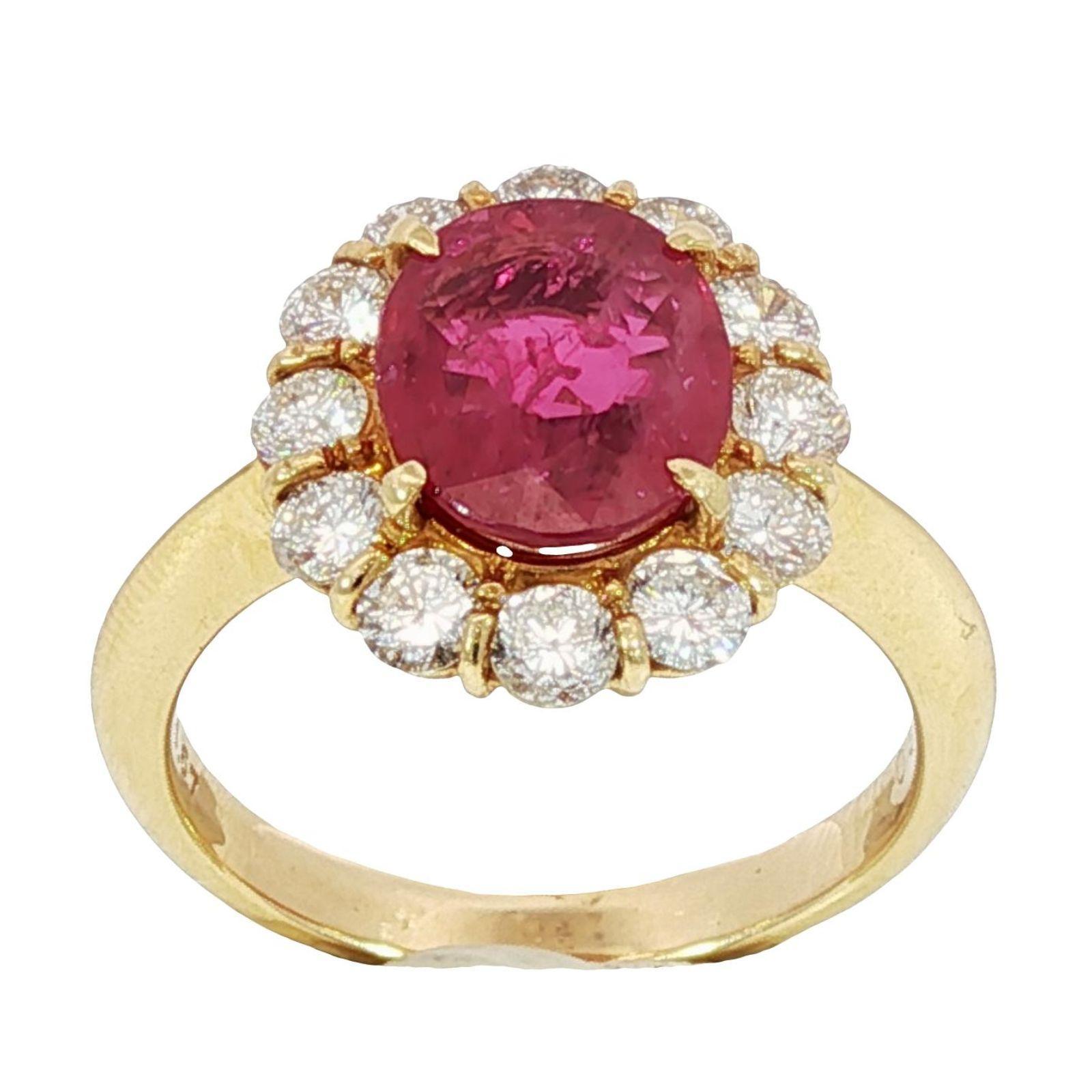 18K Bague Halo Rubis Diamant Or Jaune Taille 6 ~2.59ctw en vente 7