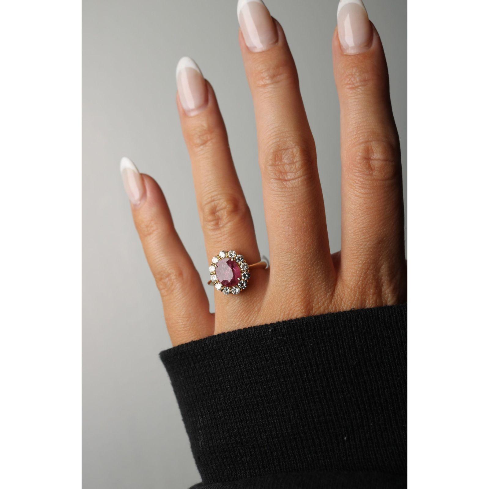 18K Bague Halo Rubis Diamant Or Jaune Taille 6 ~2.59ctw en vente 10