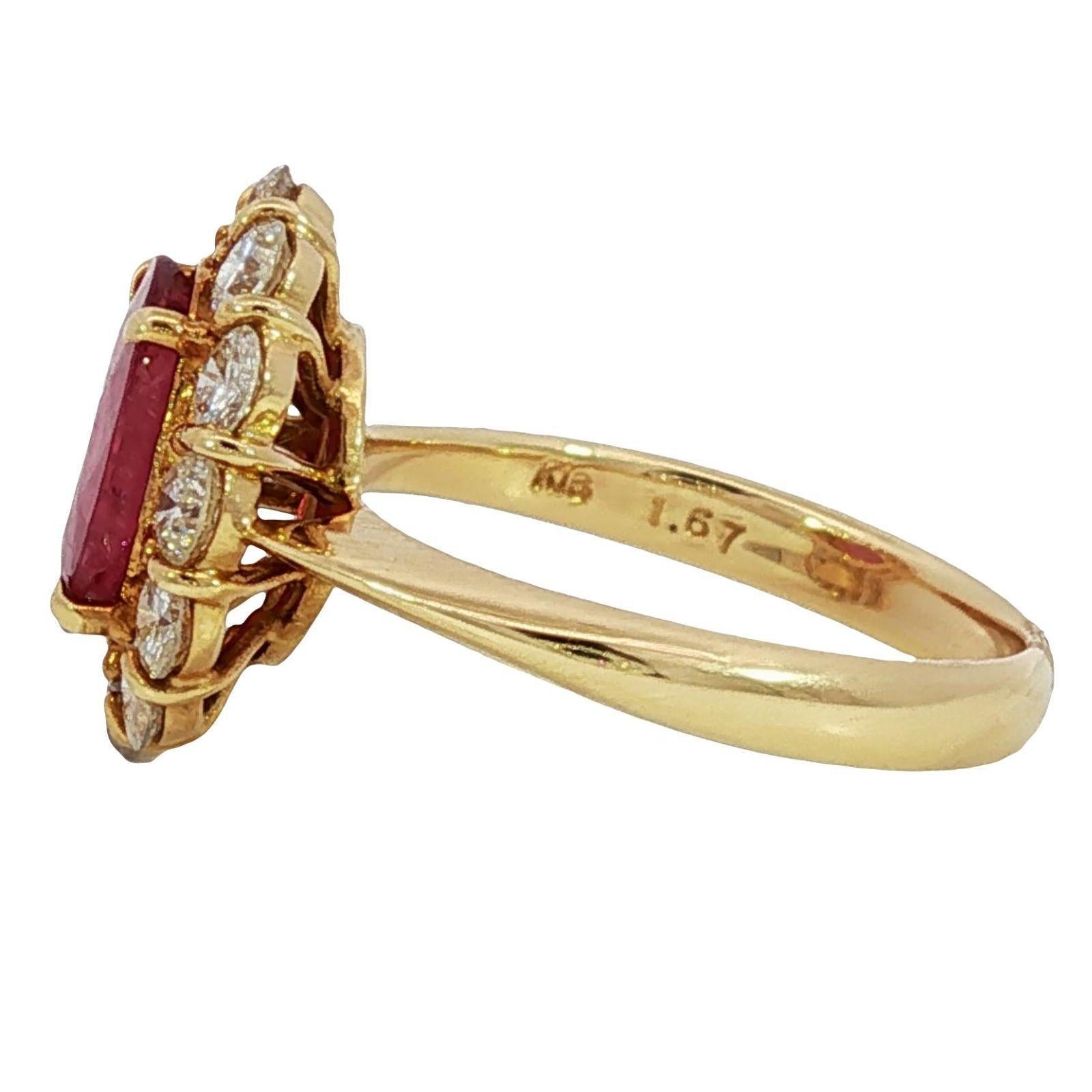 18K Bague Halo Rubis Diamant Or Jaune Taille 6 ~2.59ctw Pour femmes en vente