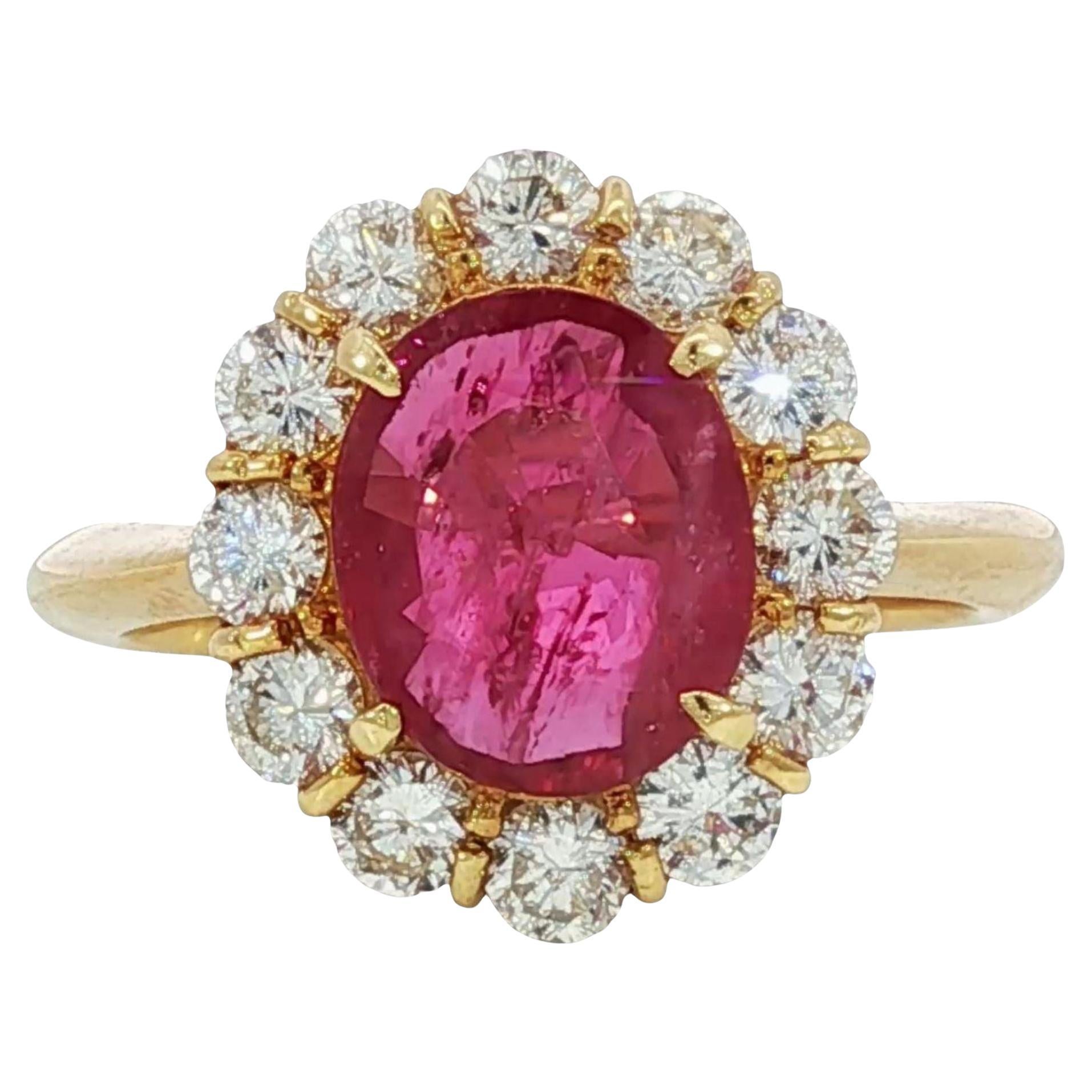 18K Bague Halo Rubis Diamant Or Jaune Taille 6 ~2.59ctw en vente