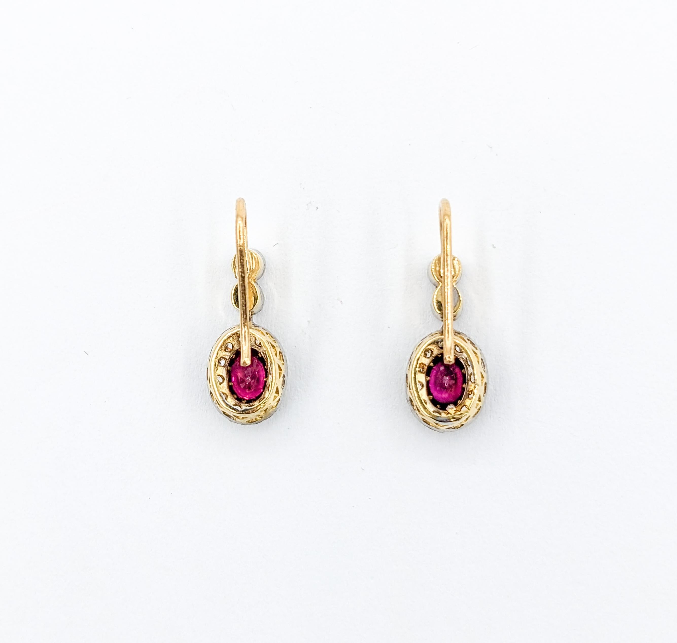 Revival 18k Ruby & Diamond Two-Tone Drop Hook Earrings For Sale