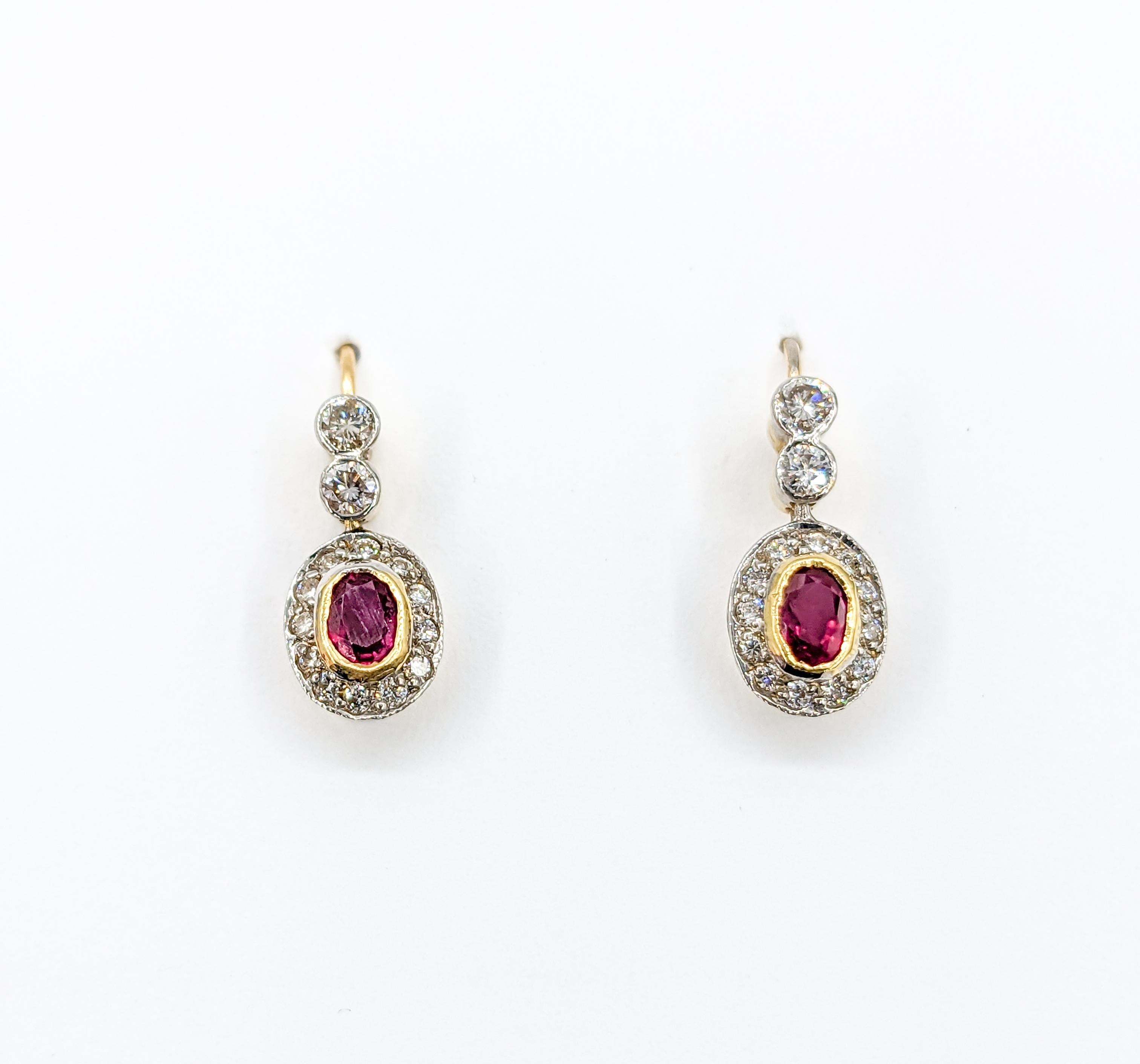 18k Ruby & Diamond Two-Tone Drop Hook Earrings In Excellent Condition For Sale In Bloomington, MN