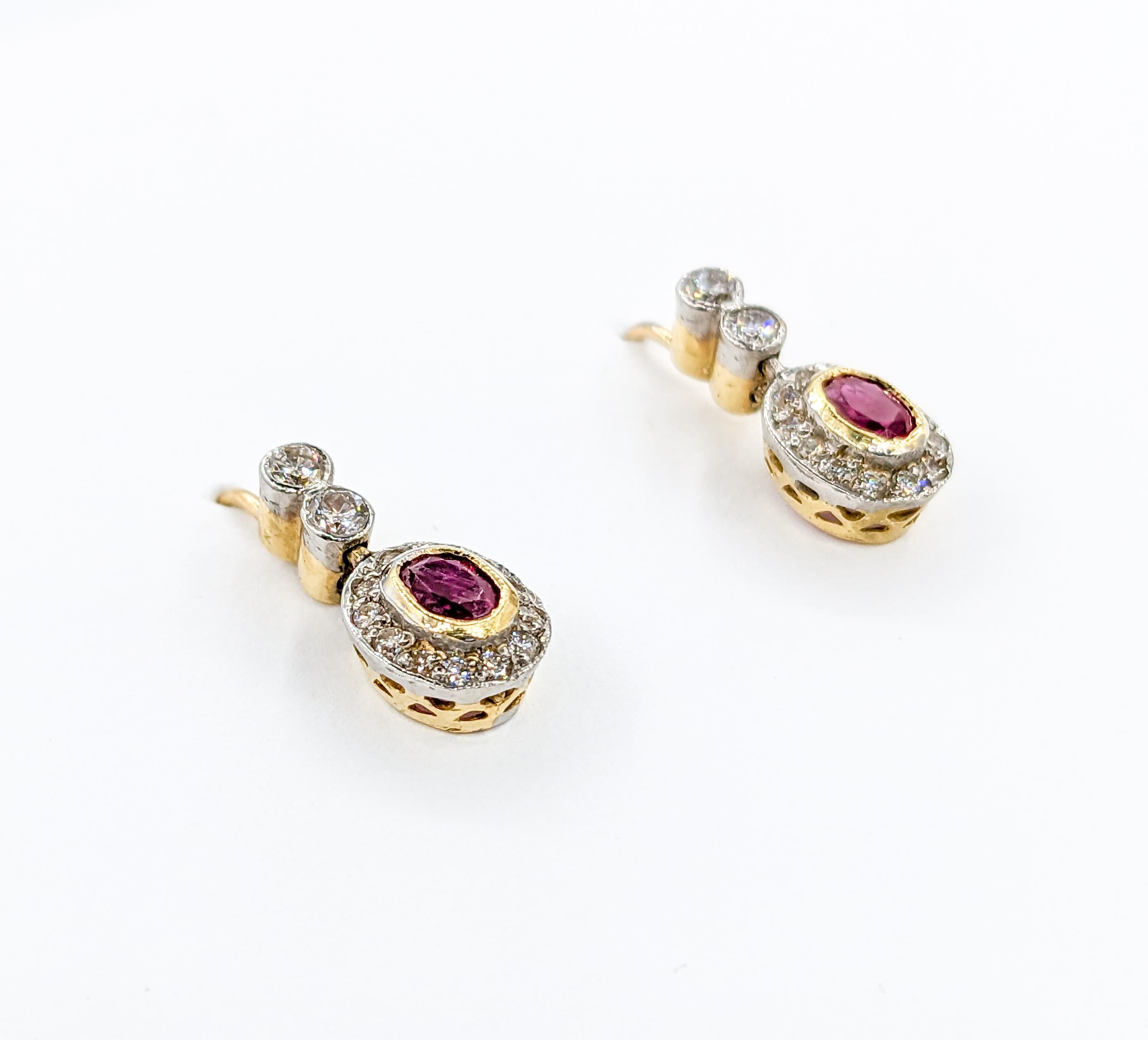 18k Ruby & Diamond Two-Tone Drop Hook Earrings For Sale 1
