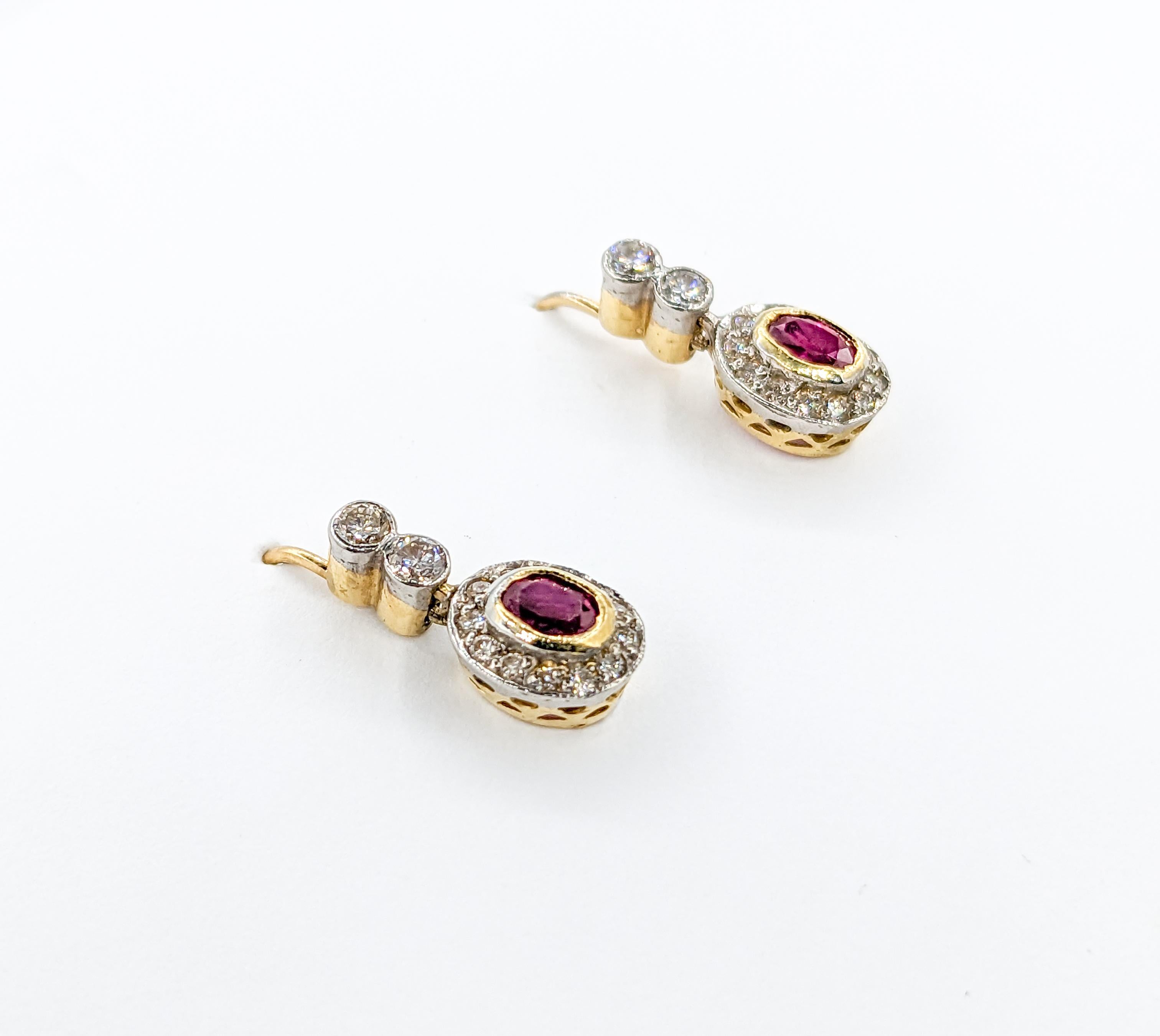 18k Ruby & Diamond Two-Tone Drop Hook Earrings For Sale 2