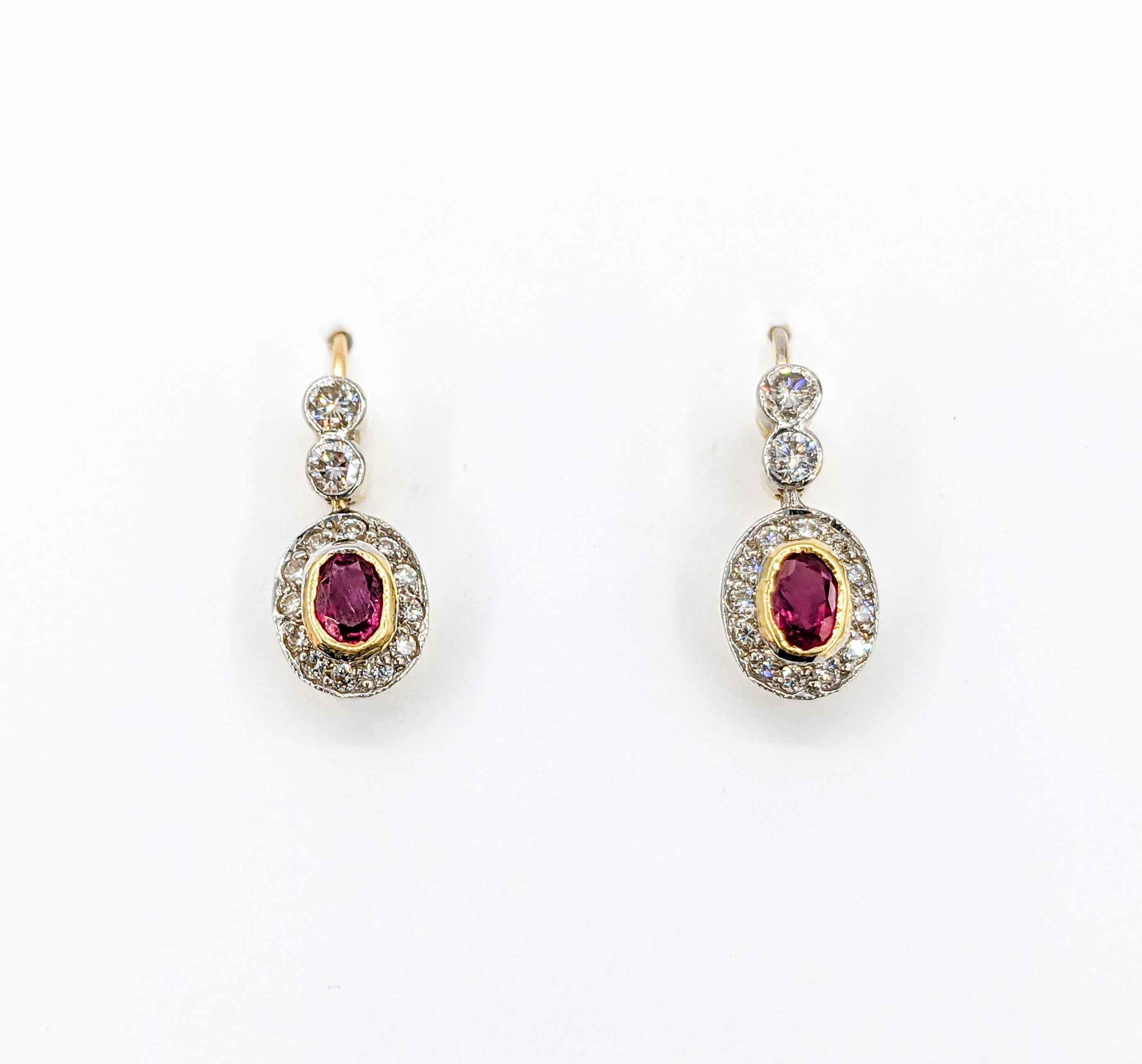 18k Ruby & Diamond Two-Tone Drop Hook Earrings For Sale 3