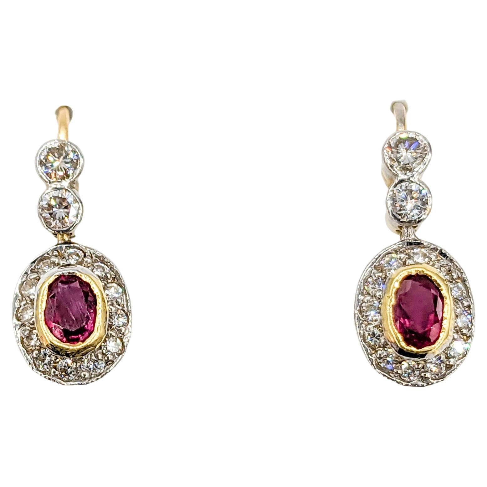 18k Ruby & Diamond Two-Tone Drop Hook Earrings For Sale