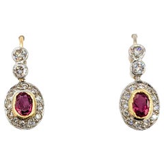 Vintage 18k Ruby & Diamond Two-Tone Drop Hook Earrings