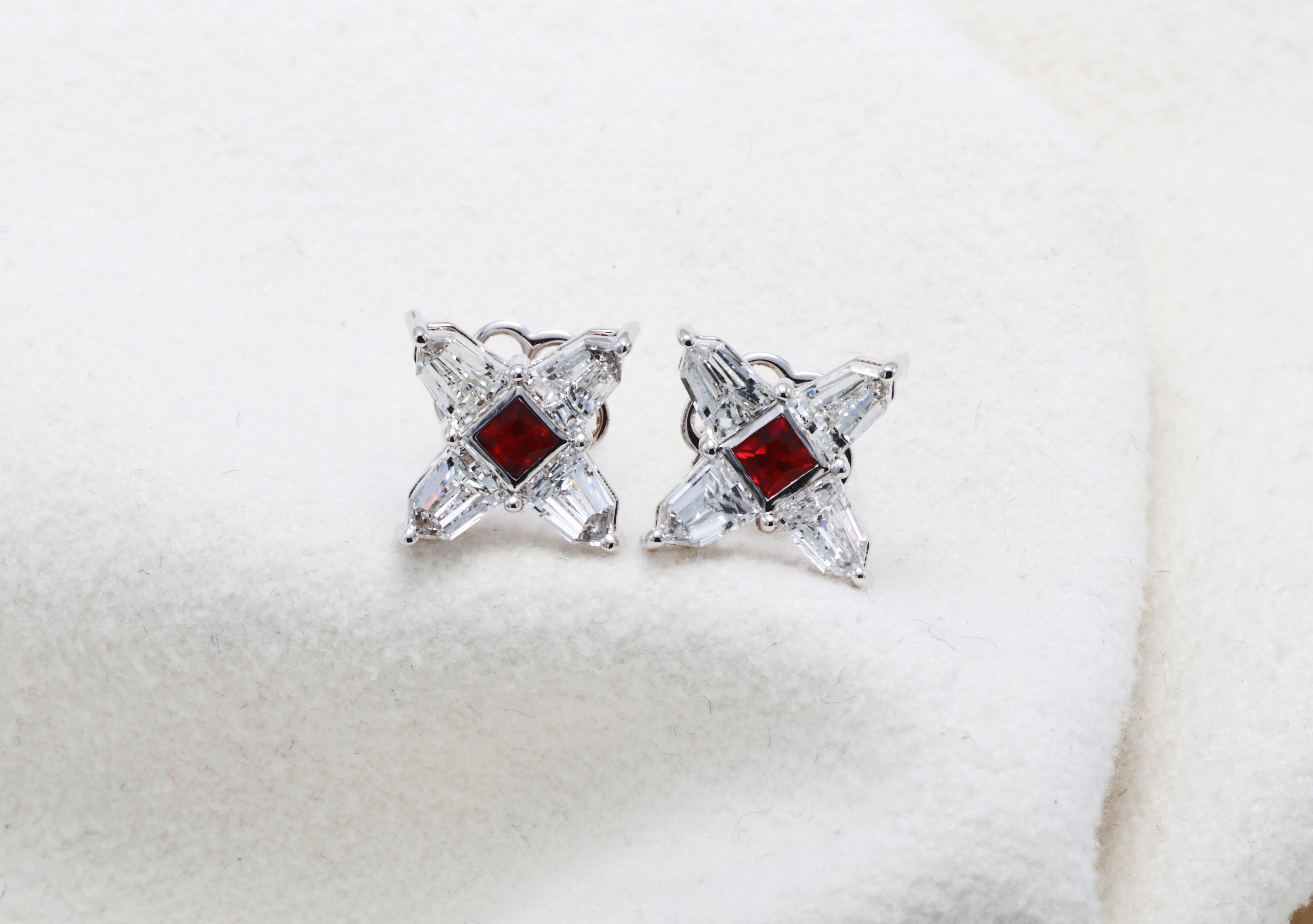 Square Cut 18K Ruby Earrings For Sale