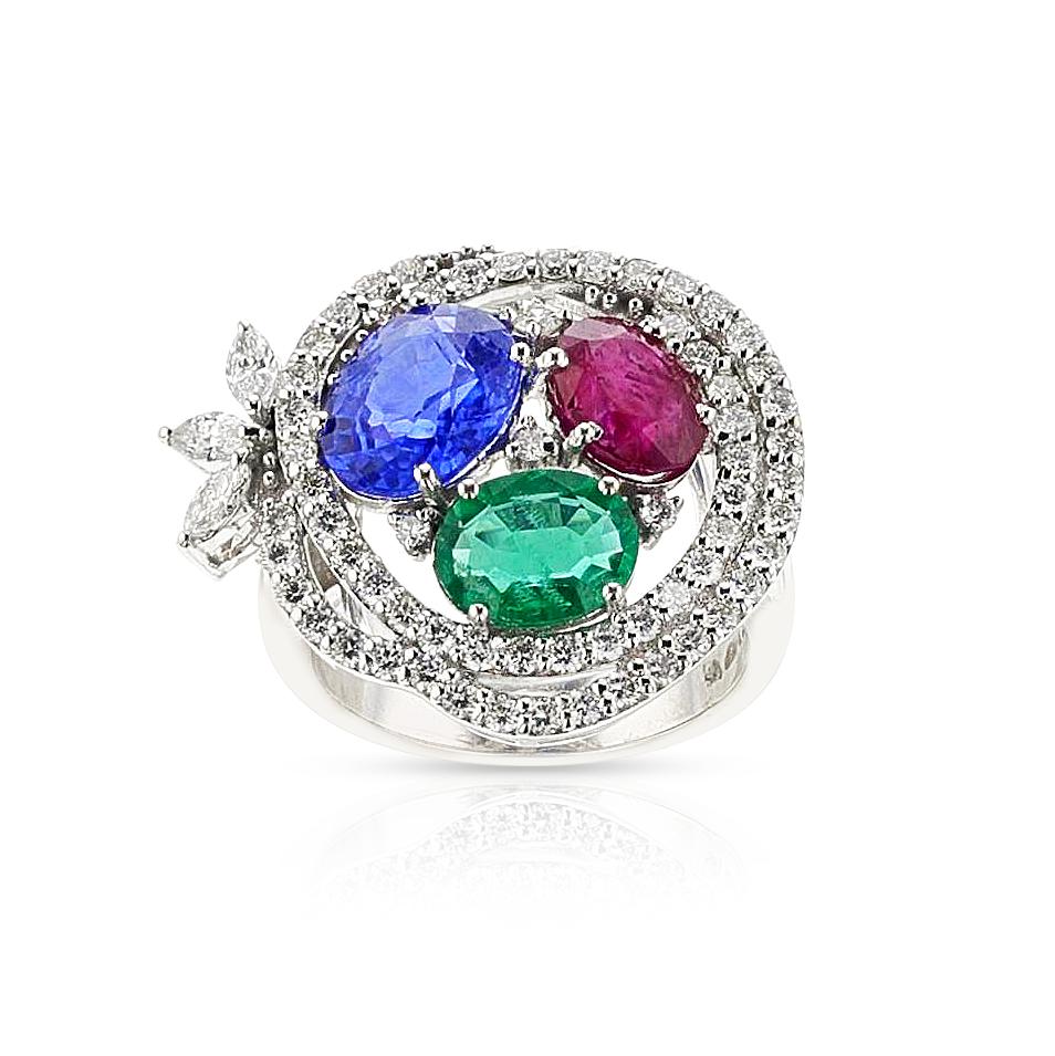 Oval Cut 18K Ruby, Emerald, Sapphire and Diamond Cocktail Ring For Sale