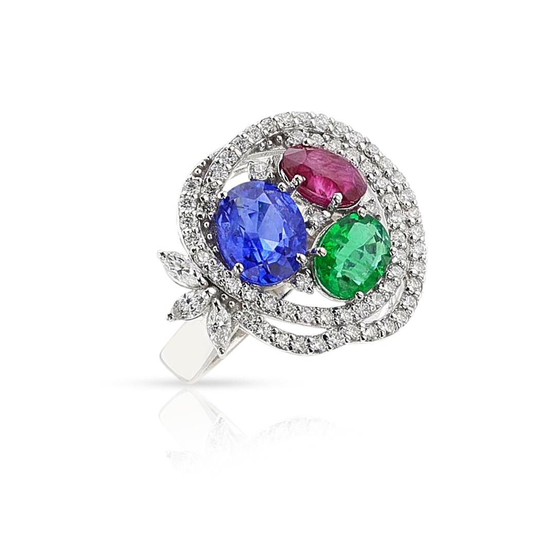 18K Ruby, Emerald, Sapphire and Diamond Cocktail Ring In Excellent Condition For Sale In New York, NY