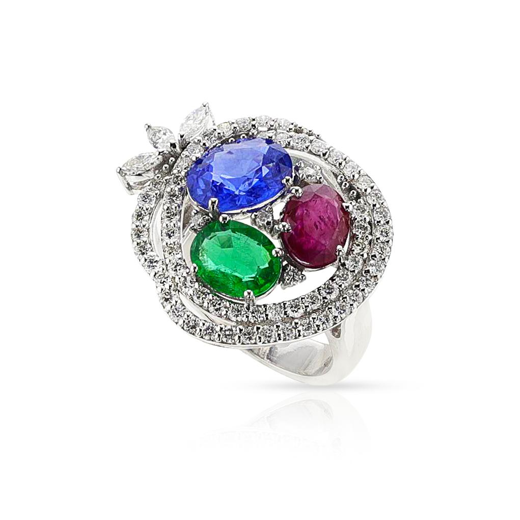 Women's or Men's 18K Ruby, Emerald, Sapphire and Diamond Cocktail Ring For Sale