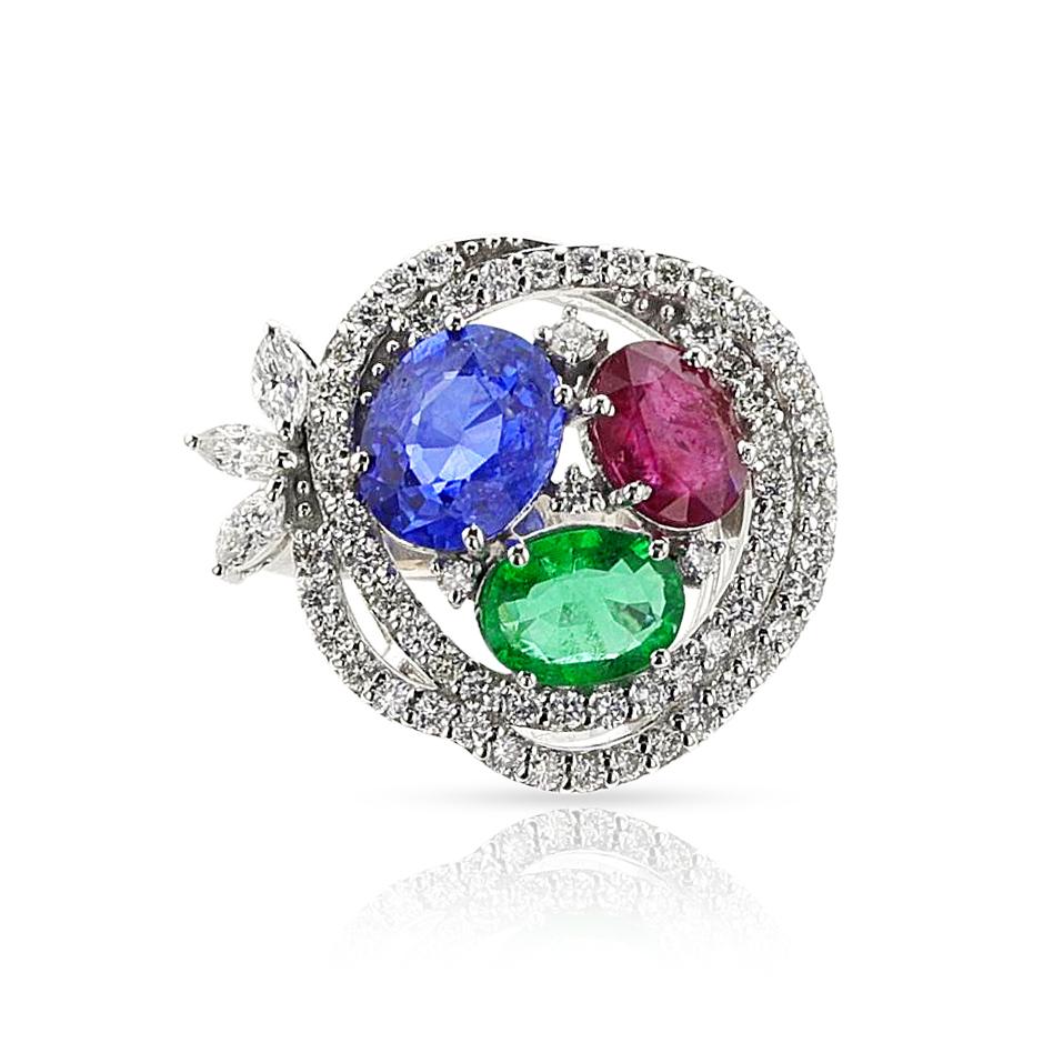 18K Ruby, Emerald, Sapphire and Diamond Cocktail Ring For Sale 1