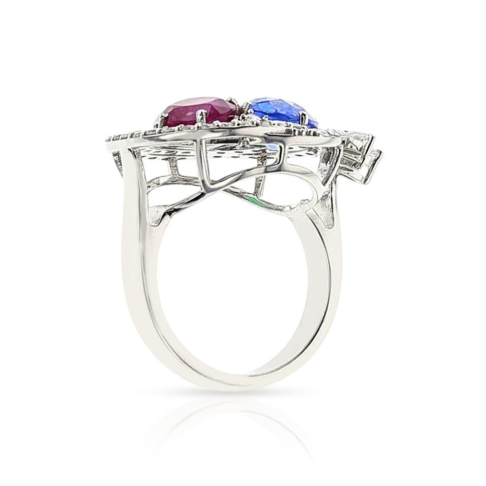 18K Ruby, Emerald, Sapphire and Diamond Cocktail Ring For Sale 2
