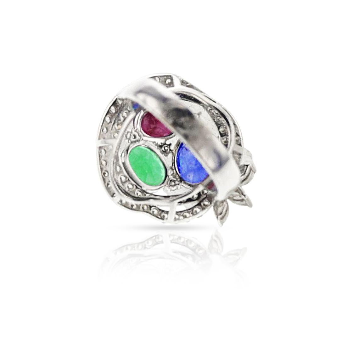18K Ruby, Emerald, Sapphire and Diamond Cocktail Ring For Sale 3