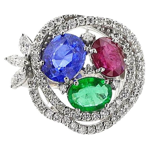 18K Ruby, Emerald, Sapphire and Diamond Cocktail Ring For Sale