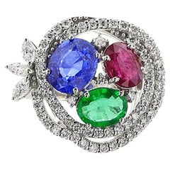 Vintage 18K Ruby, Emerald, Sapphire and Diamond Cocktail Ring