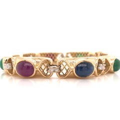 18K Ruby Emerald Sapphire Gemstone Line Bracelet Yellow Gold