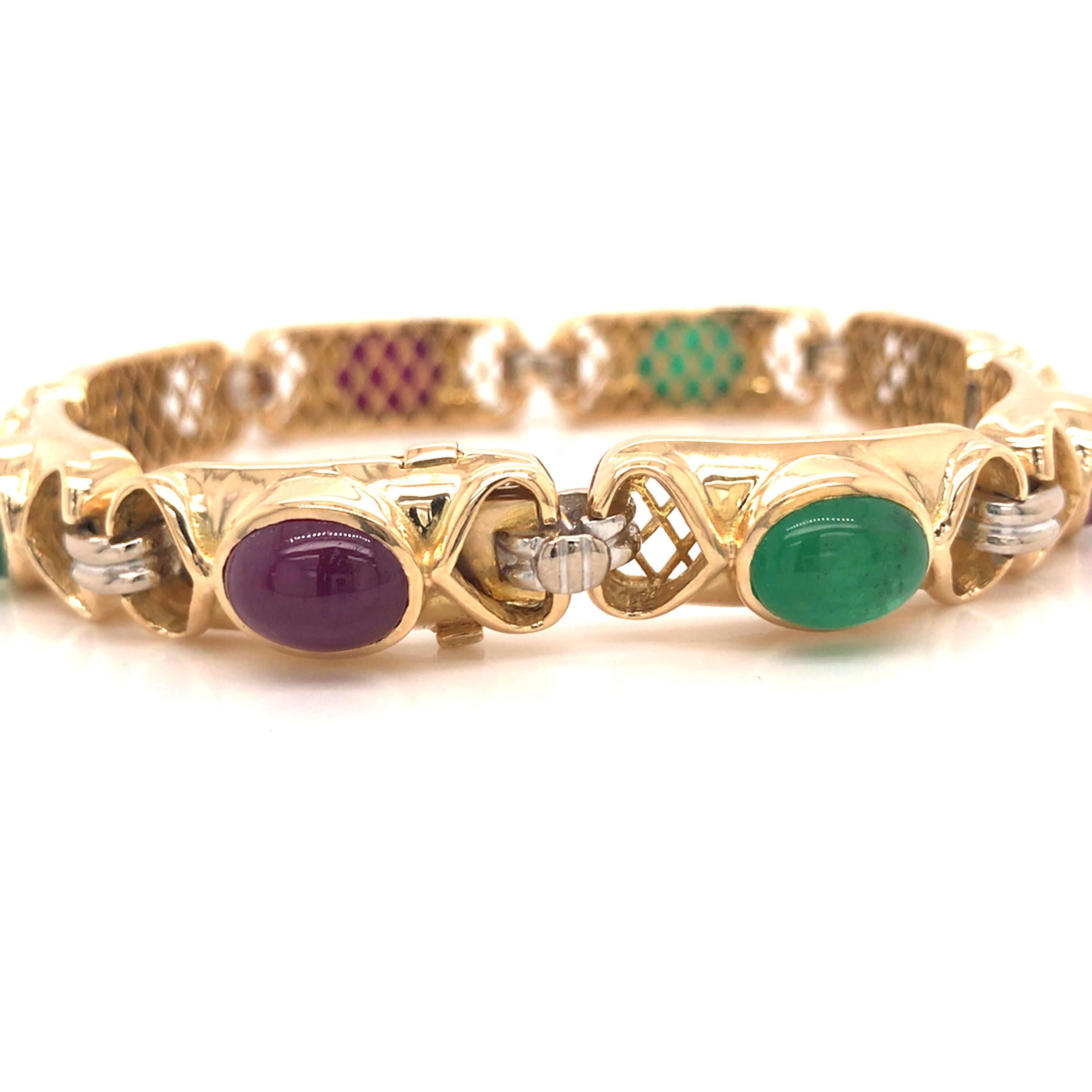 Oval Cut 18K Ruby Emerald Sapphire Gemstone Line Bracelet Yellow Gold For Sale