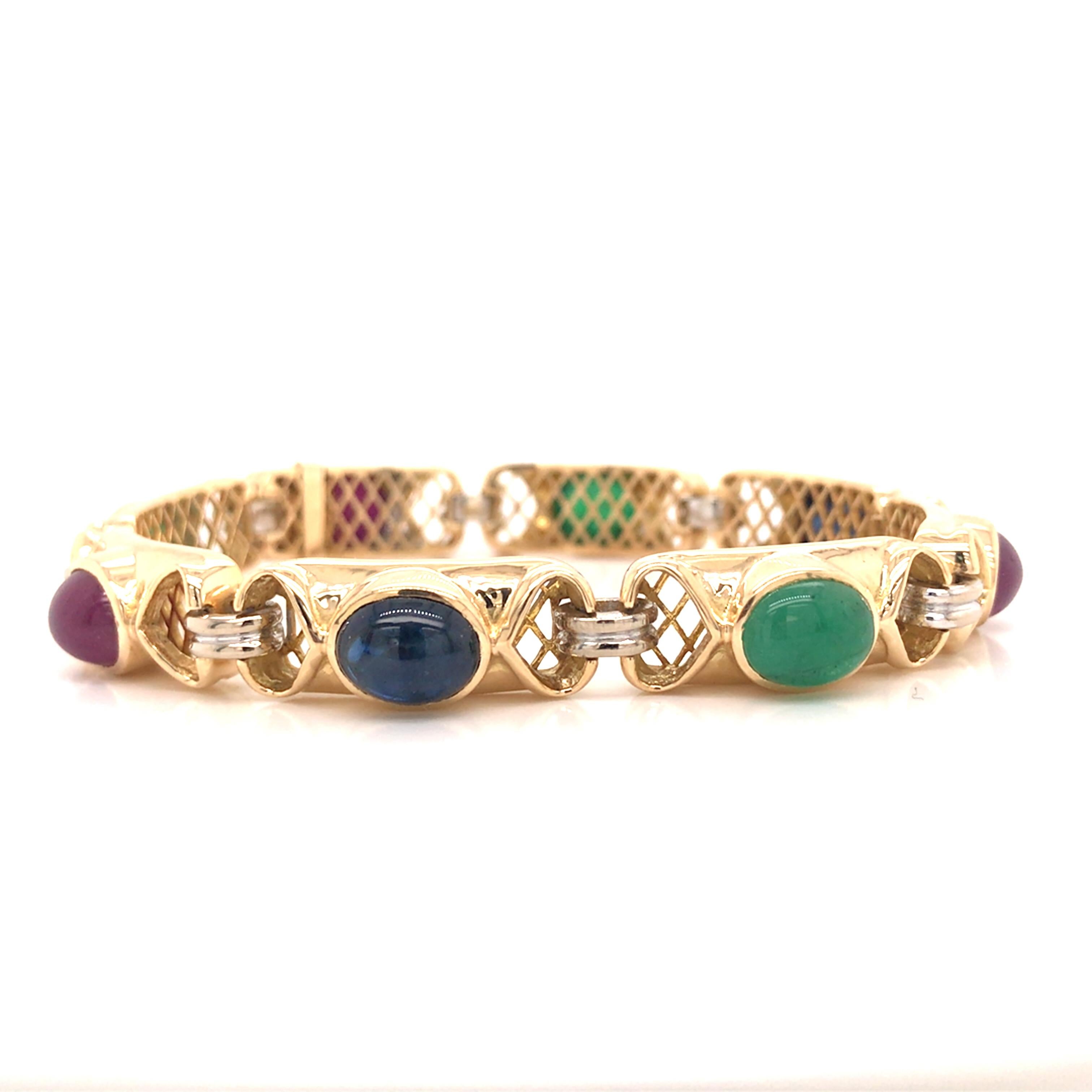 18K Ruby Emerald Sapphire Gemstone Line Bracelet Yellow Gold In Good Condition For Sale In Boca Raton, FL