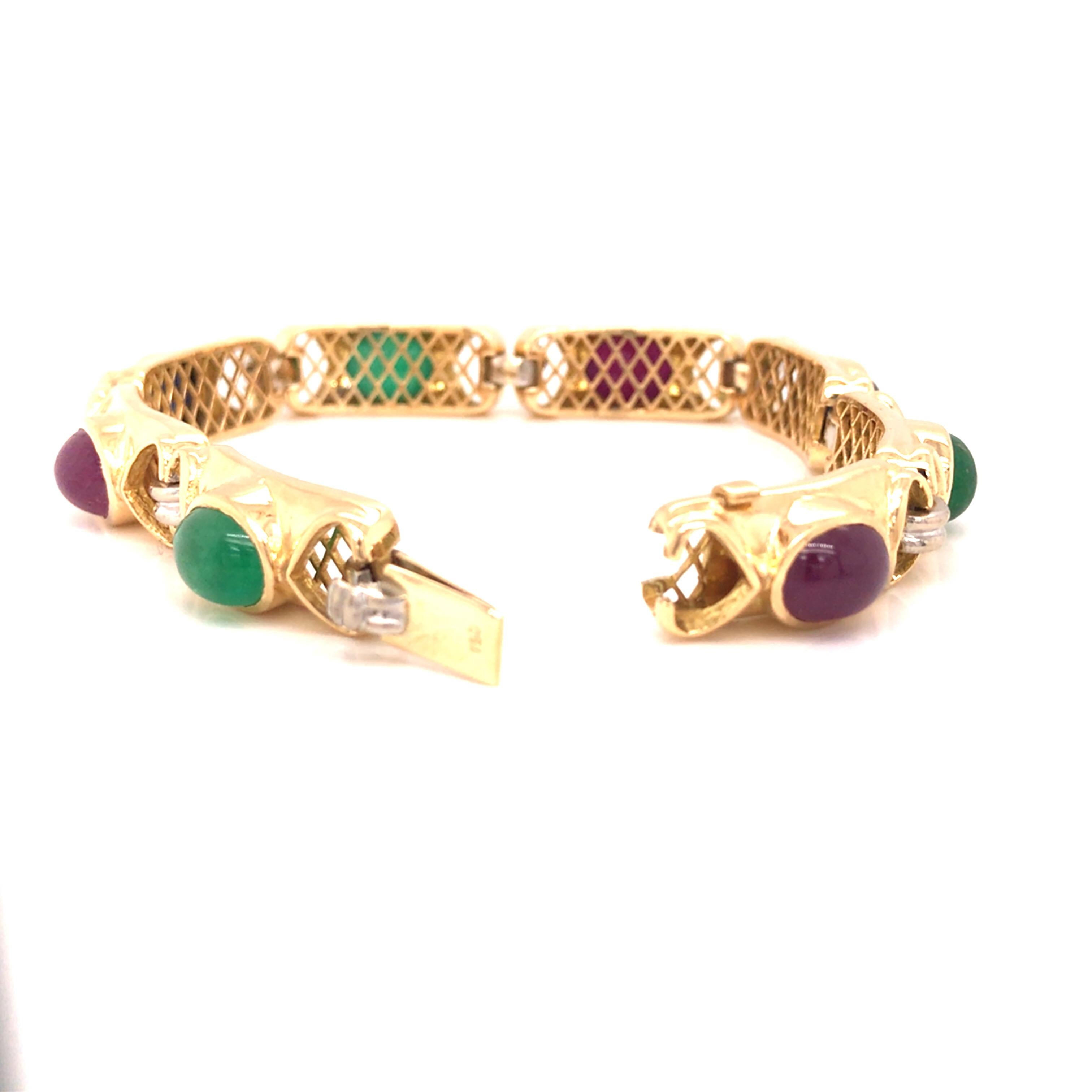 Women's 18K Ruby Emerald Sapphire Gemstone Line Bracelet Yellow Gold For Sale