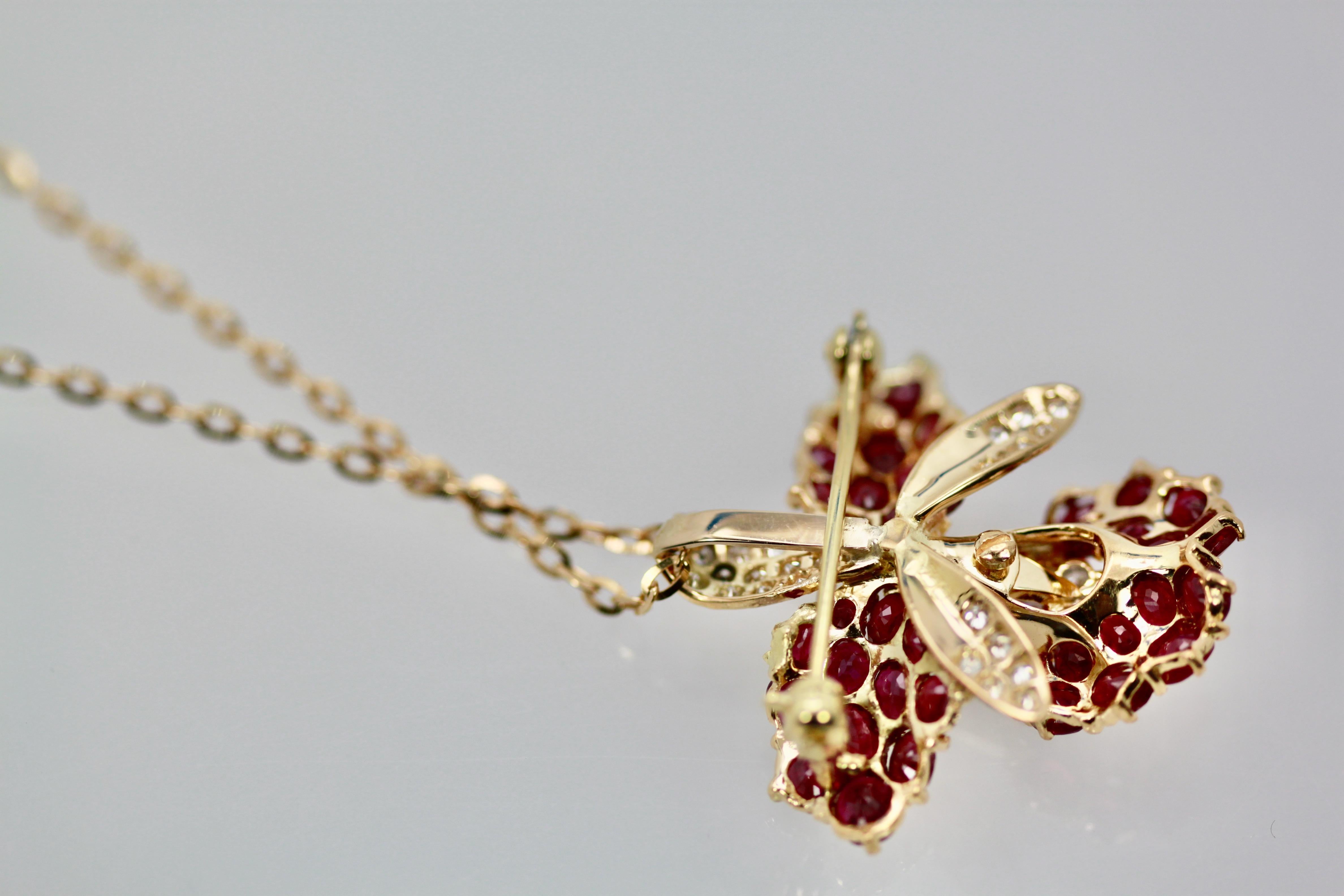 18 Karat Ruby Orchid Brooch Necklace 9.00 Carat Rubies, Diamonds 0.70 Carat vs In Good Condition In North Hollywood, CA
