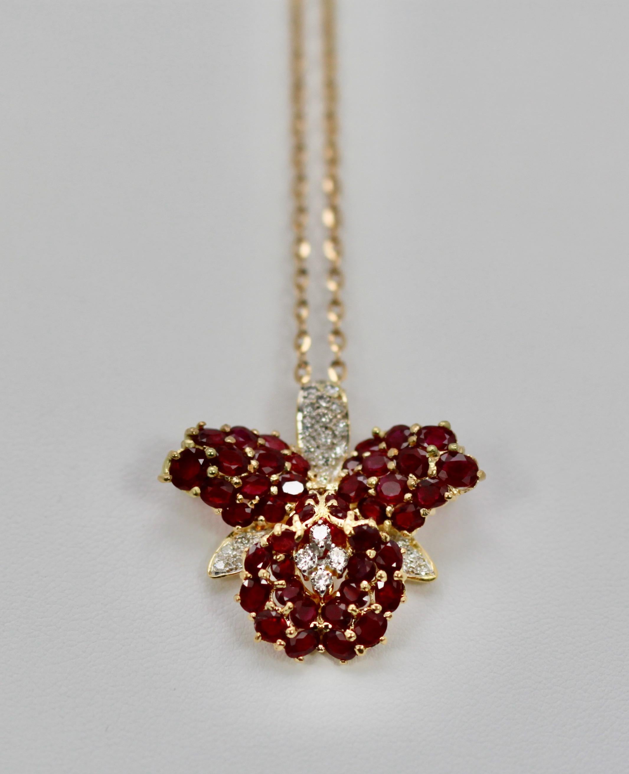 Women's 18 Karat Ruby Orchid Brooch Necklace 9.00 Carat Rubies, Diamonds 0.70 Carat vs