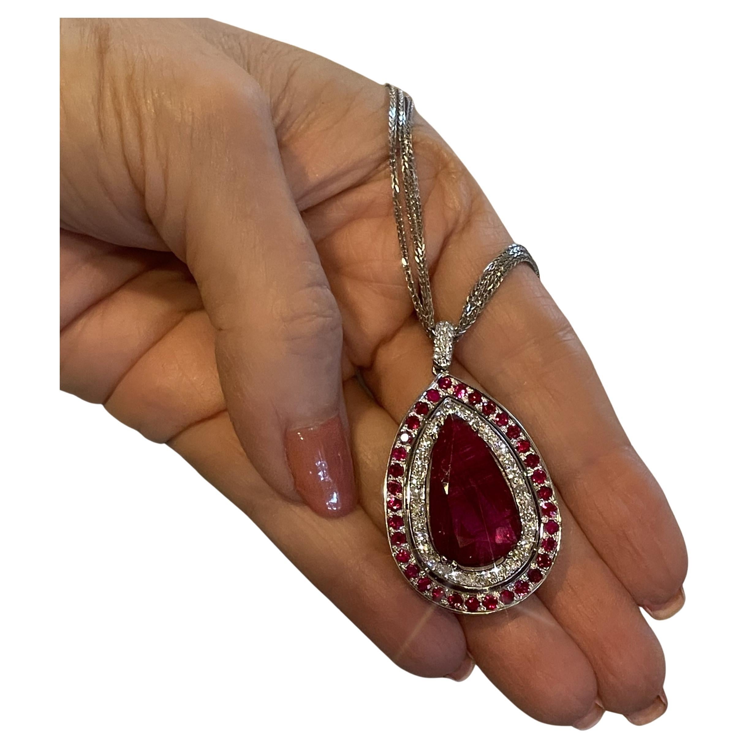 18K Ruby Unheated AGL Diamond Necklace Pendant Vintage Natural Huge 14.58 Carats For Sale