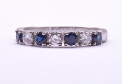 18K Sapphire and Diamond 7 Stone 1/2 Hoop Ring in White Gold, Hallmarked 1975