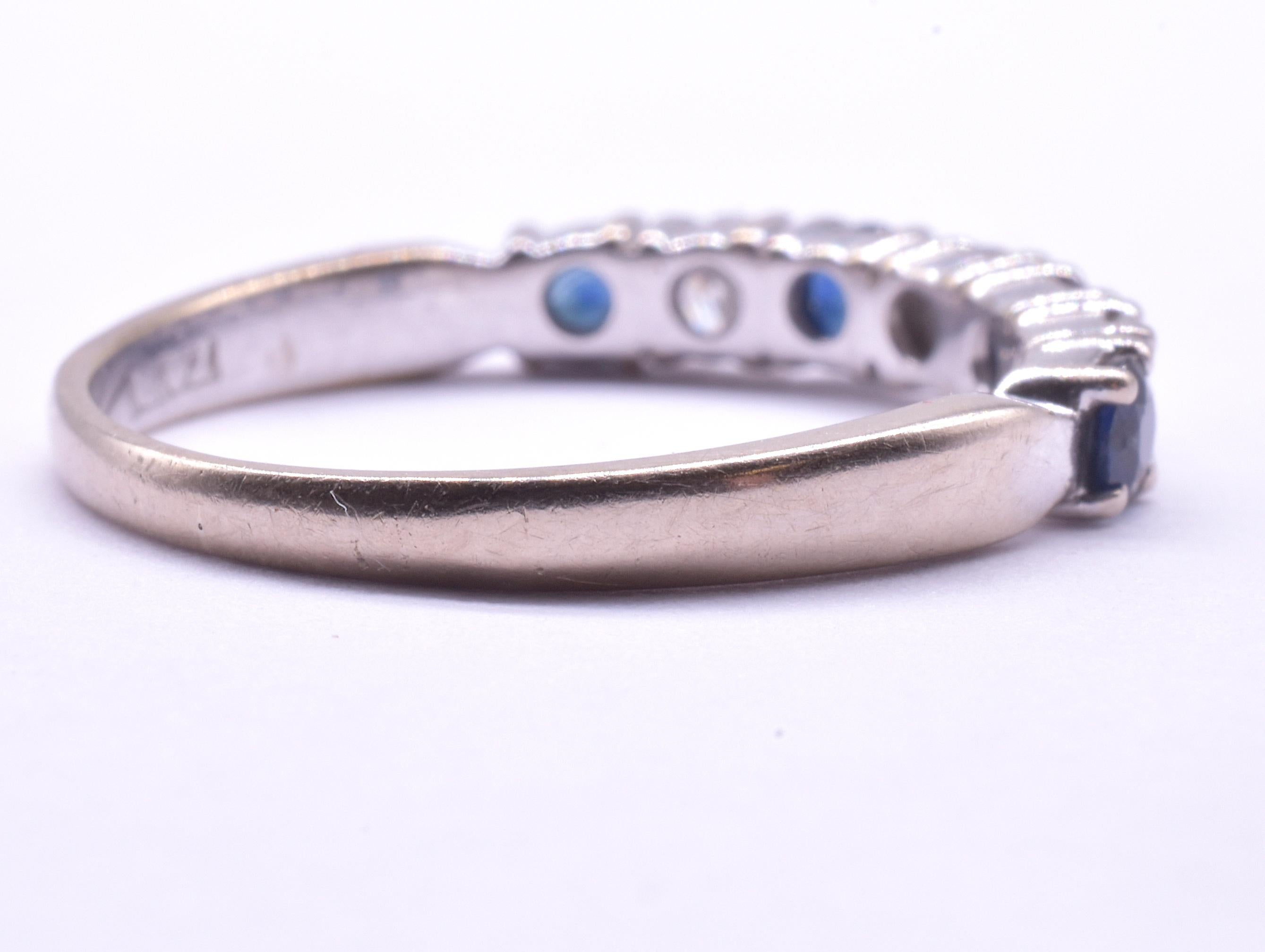 18K Sapphire and Diamond 7 Stone 1/2 Hoop Ring in White Gold, Hallmarked 1975 In Excellent Condition In Baltimore, MD