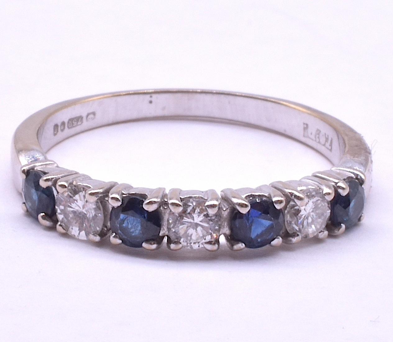 18K Sapphire and Diamond 7 Stone 1/2 Hoop Ring in White Gold, Hallmarked 1975 1