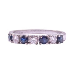 18K Sapphire and Diamond 7 Stone 1/2 Hoop Ring in White Gold, Hallmarked 1975