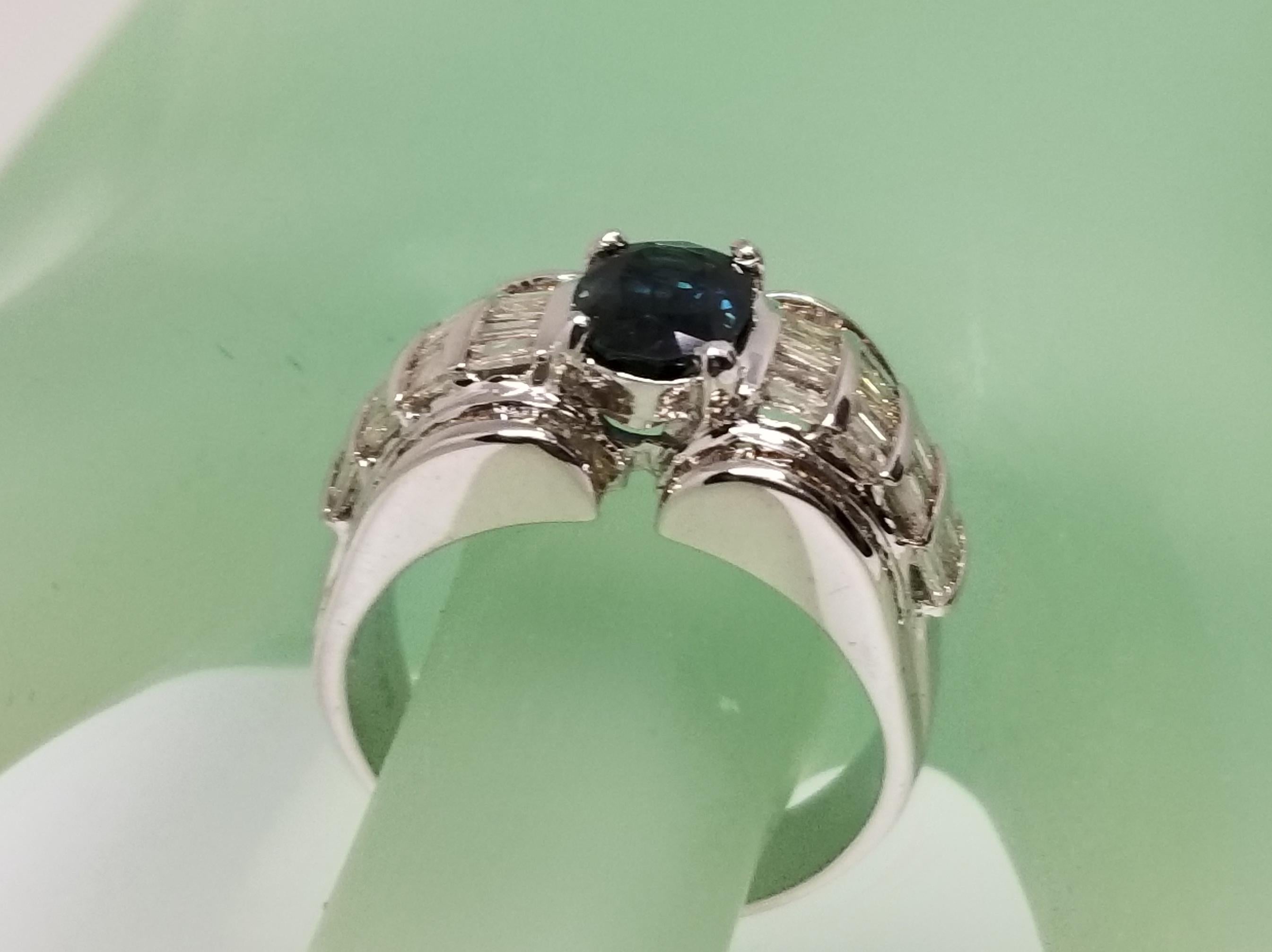 18 Karat Sapphire and Diamond Baguette Ring For Sale 1