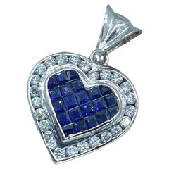 18K Sapphire and Diamond Princess Heart Pendant Invisible 2.00 Carats VS Quality