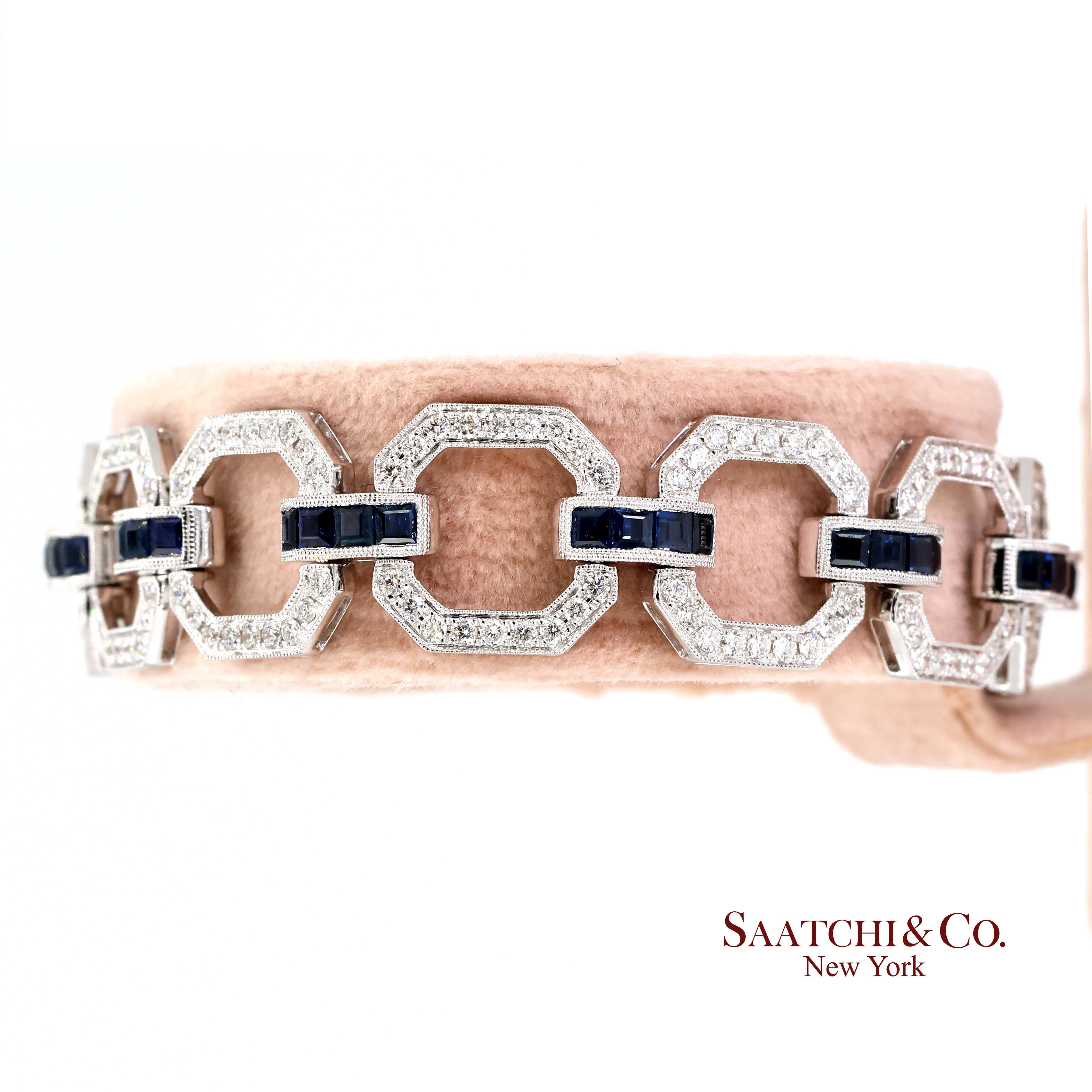 18k Zafiro Diamante Pulsera Mujeres Oro Blanco 7.42in Milgrain Art Deco Contemporáneo en venta