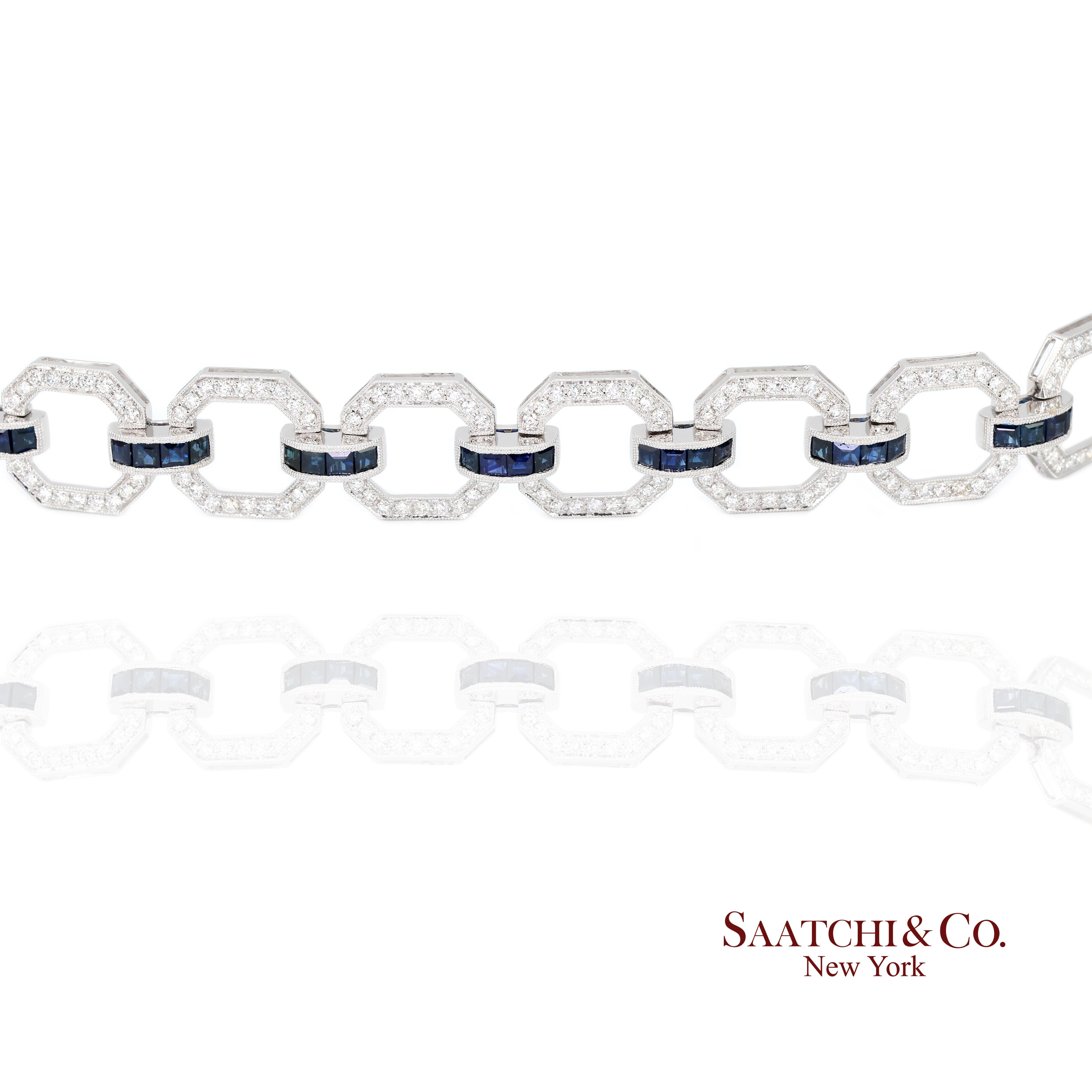 18k Zafiro Diamante Pulsera Mujeres Oro Blanco 7.42in Milgrain Art Deco Corte francés en venta