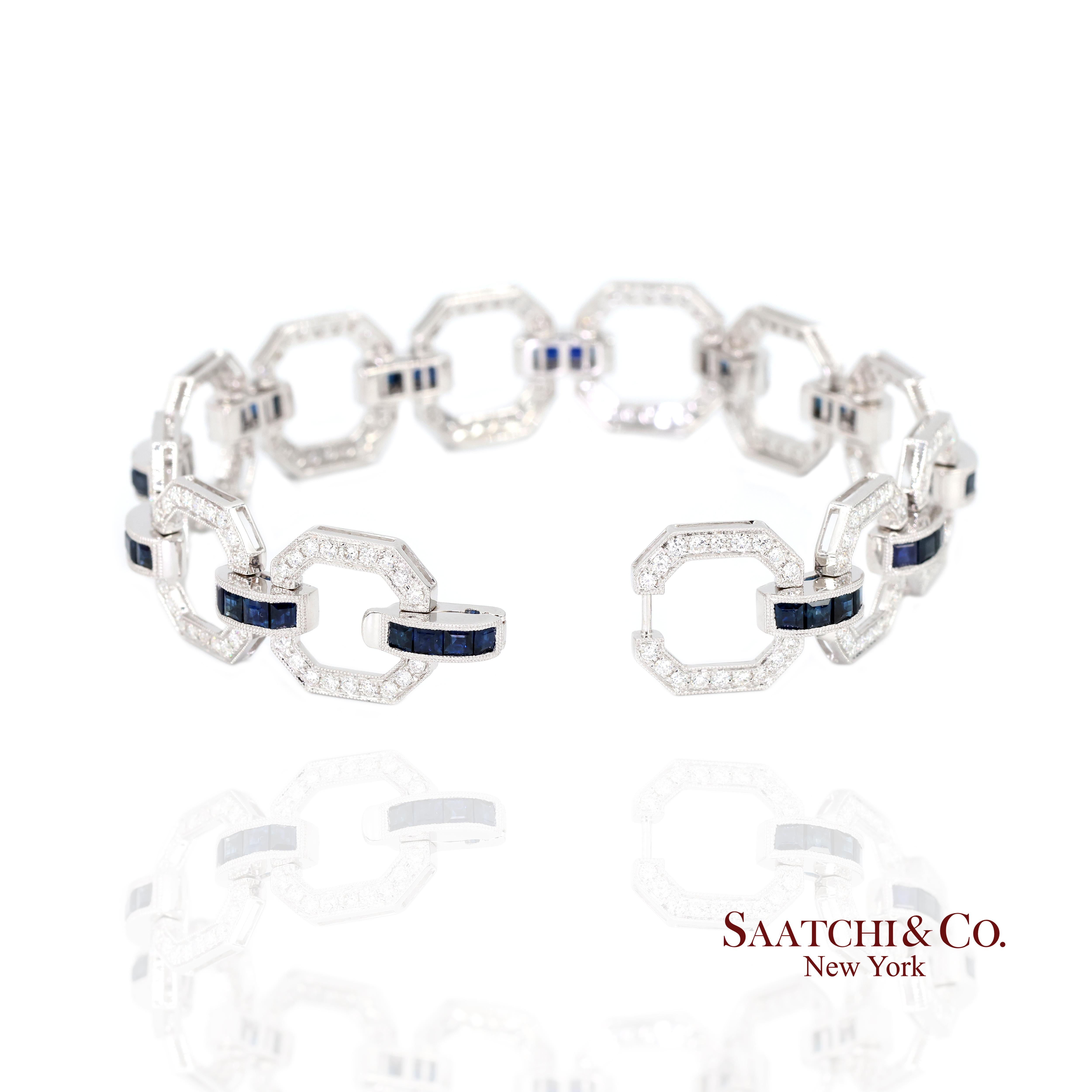 18k Zafiro Diamante Pulsera Mujeres Oro Blanco 7.42in Milgrain Art Deco en Nuevo estado para la venta en New York, NY