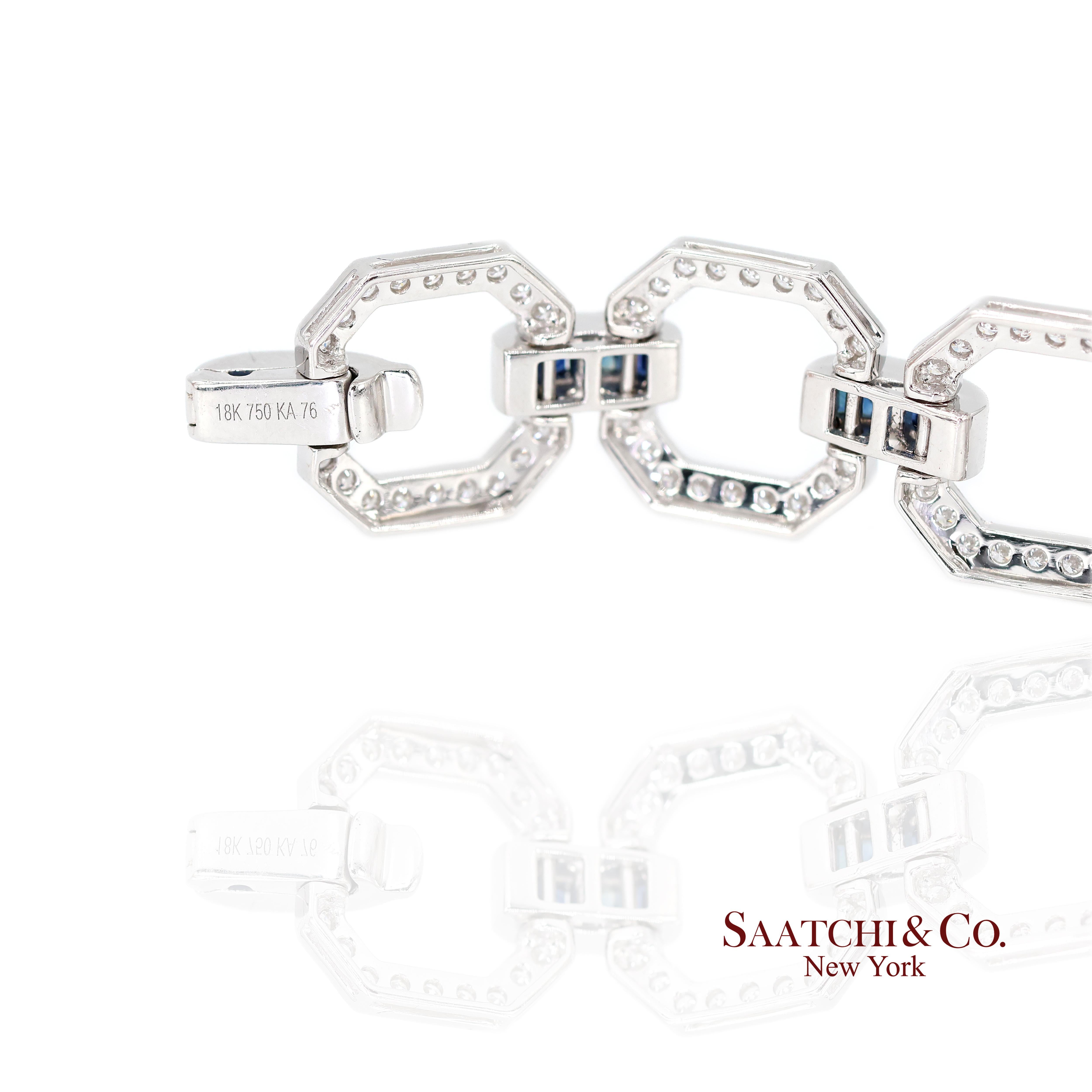 Femenino o masculino 18k Zafiro Diamante Pulsera Mujeres Oro Blanco 7.42in Milgrain Art Deco en venta