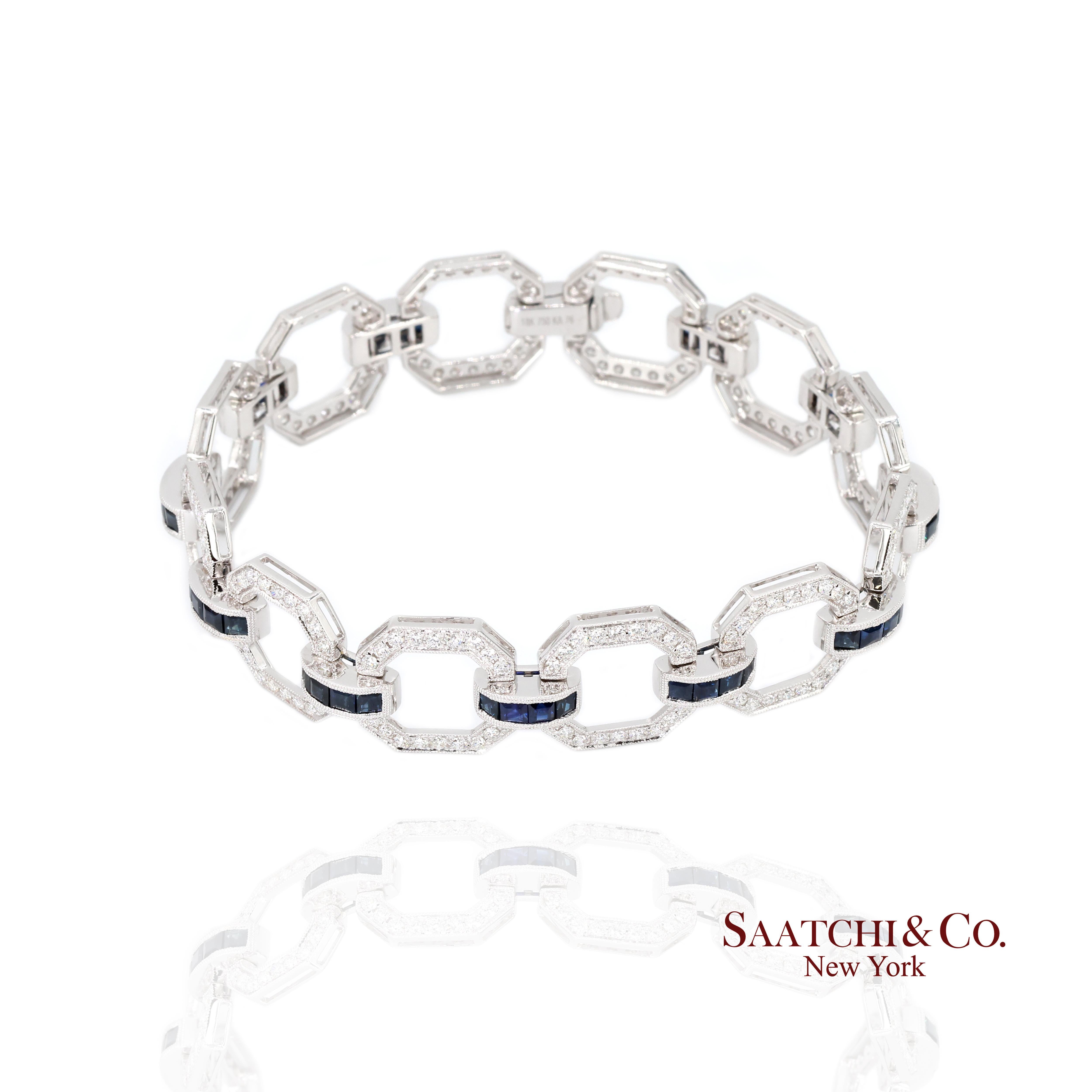 18k Zafiro Diamante Pulsera Mujeres Oro Blanco 7.42in Milgrain Art Deco en venta 1