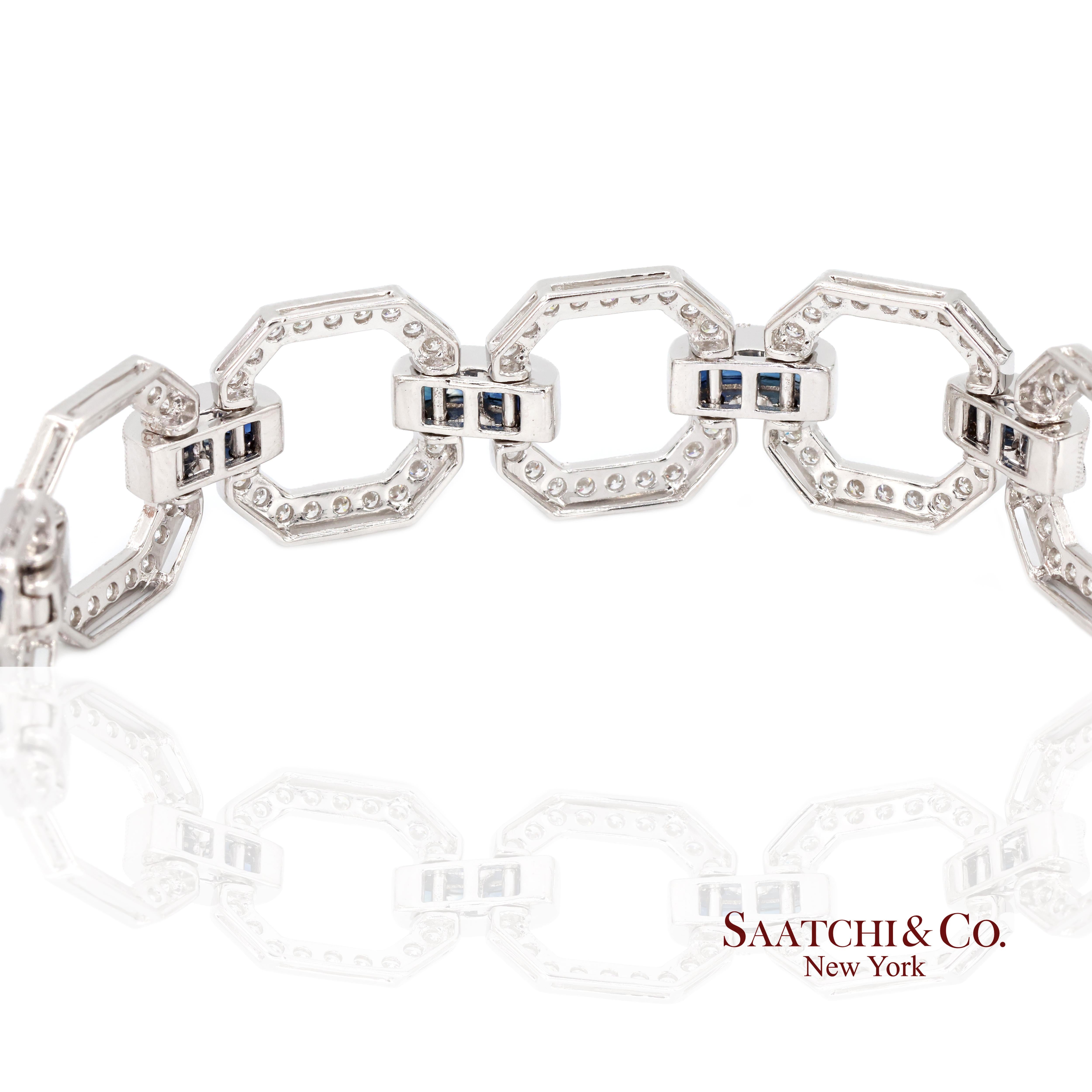 18k Zafiro Diamante Pulsera Mujeres Oro Blanco 7.42in Milgrain Art Deco en venta 2